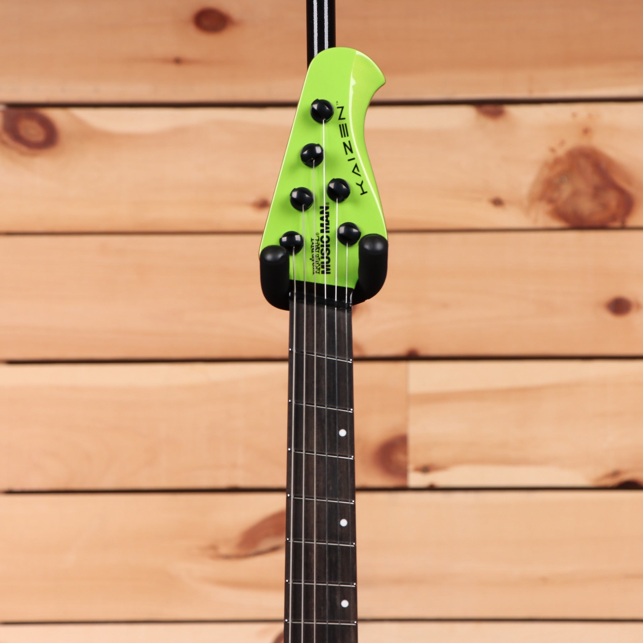 Ernie Ball Music Man Kaizen 6 electric guitar Kryptonite with black spherical tuning machines