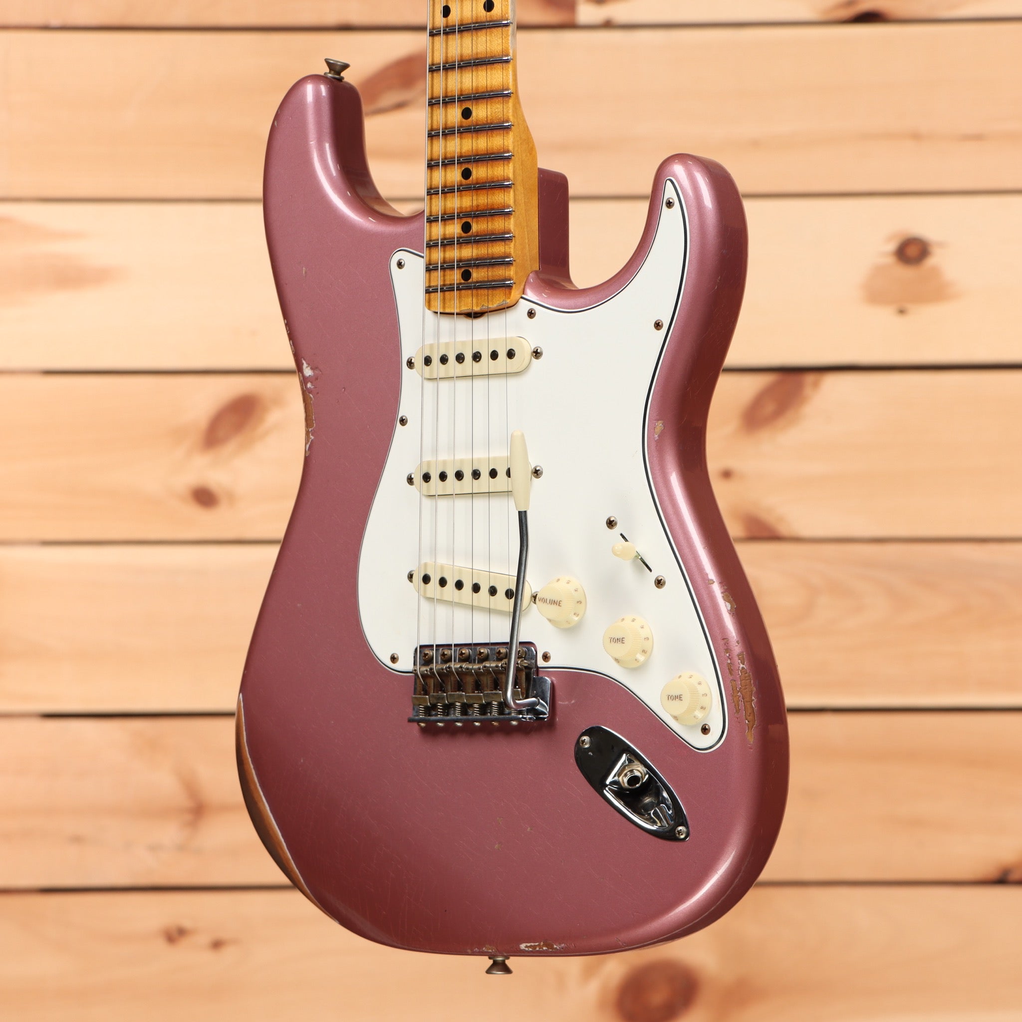 Fender Custom Shop Limited Tomatillo Stratocaster Special Relic Super Faded Aged Burgundy Mist Metallic electric guitar with maple neck and single-coil pickups