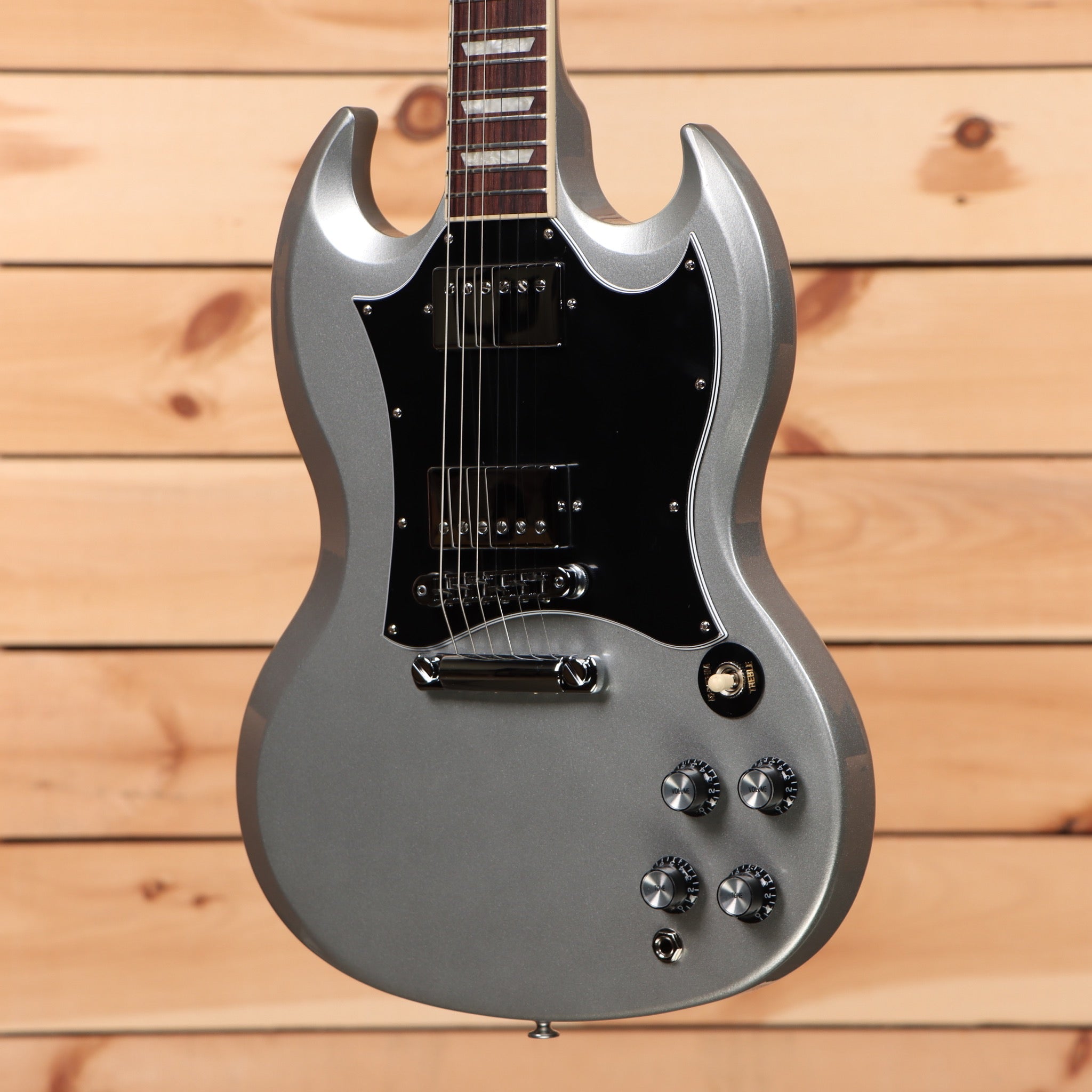 Gibson SG Standard electric guitar Silver Mist with dual humbucker pickups and black pickguard