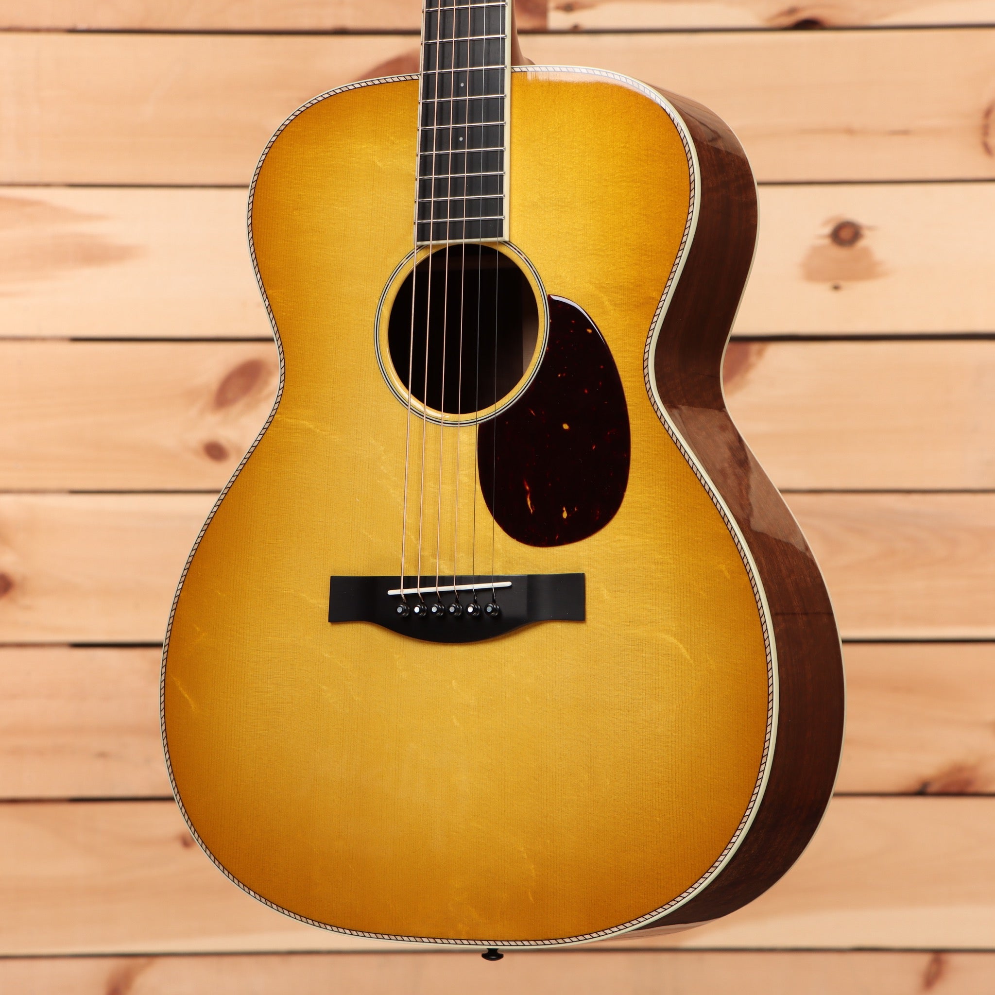 Santa Cruz OM Custom Buttered Toast acoustic guitar with walnut back and sides, cream binding detail