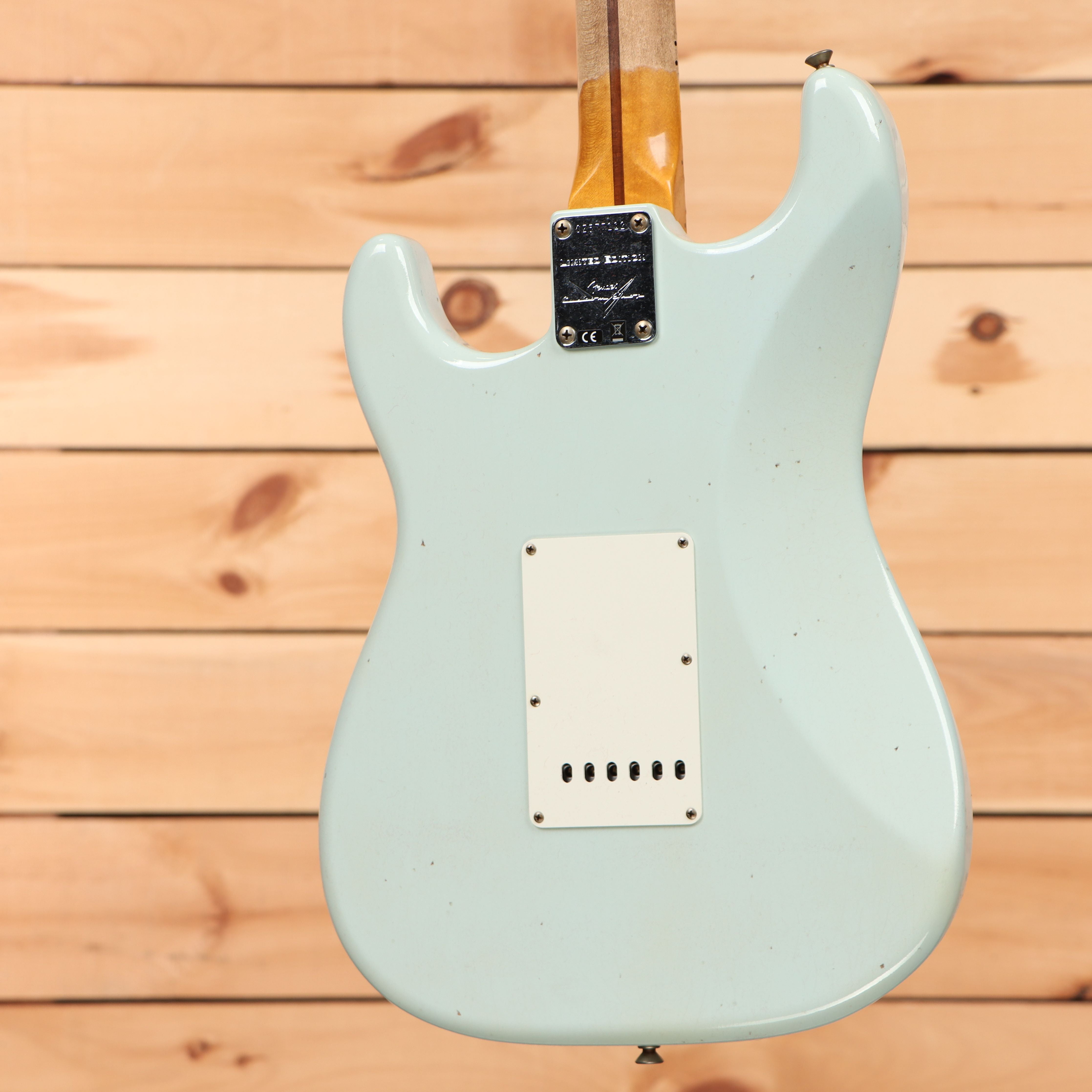 Fender Custom Shop Limited Tomatillo Stratocaster Journeyman Super Faded Aged Sonic Blue electric guitar with white pickguard