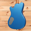 Powers A-Type Kingfisher Blue electric guitar with mesh sound hole design and contoured body