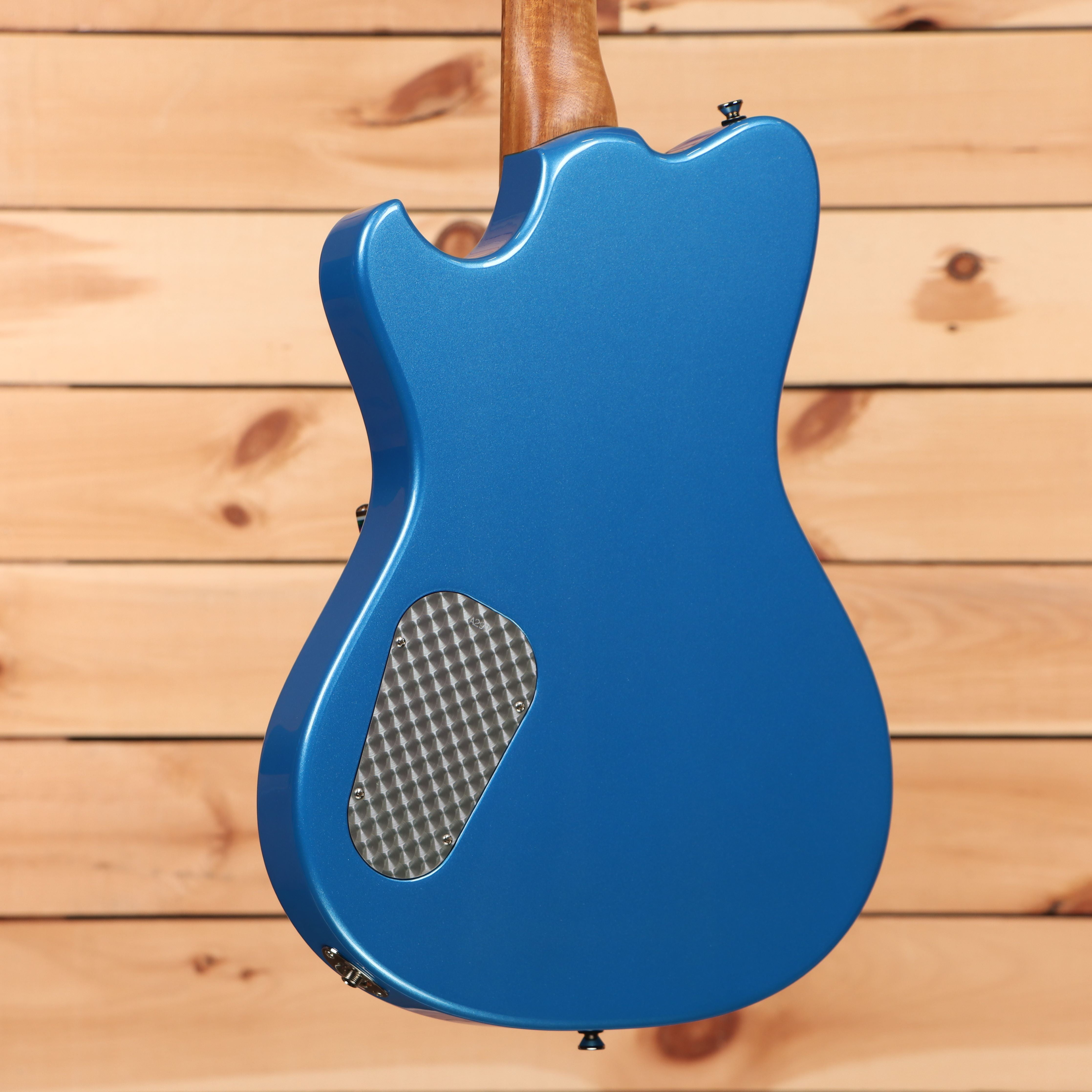 Powers A-Type Kingfisher Blue electric guitar with perforated pickguard and maple neck