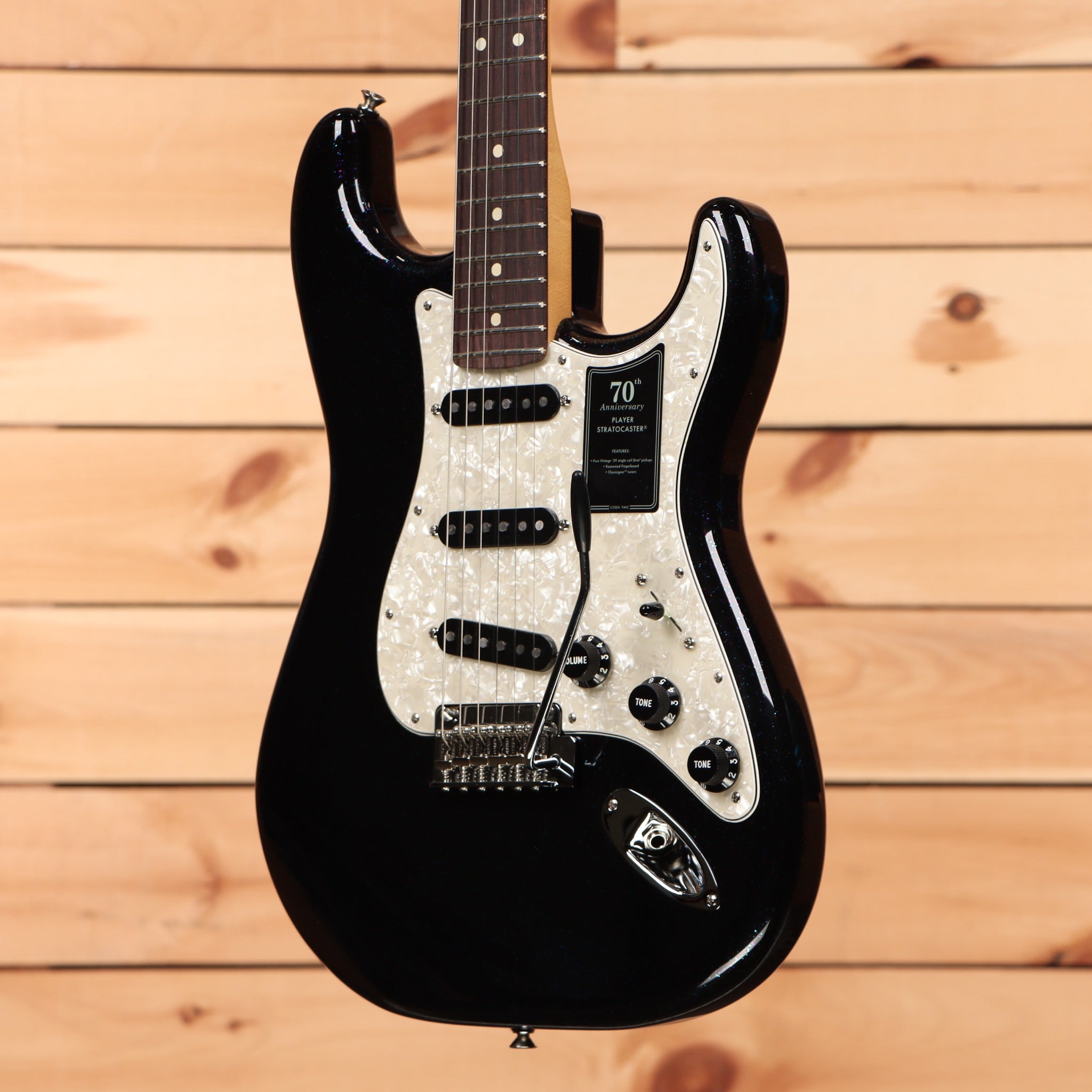 Fender 70th Anniversary Player Stratocaster electric guitar Nebula Noir with white pearl pickguard and single-coil pickups