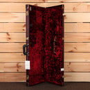 Puma Ocean Turquoise hardshell guitar case with burgundy crushed velvet interior and brass hardware