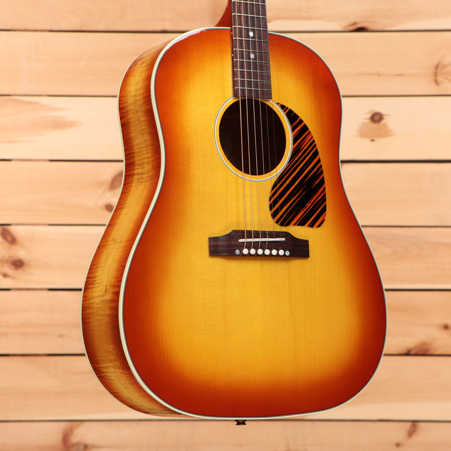 Gibson J-45 Standard dreadnought acoustic guitar Flame Maple Custom Sunburst with flamed maple back and sides