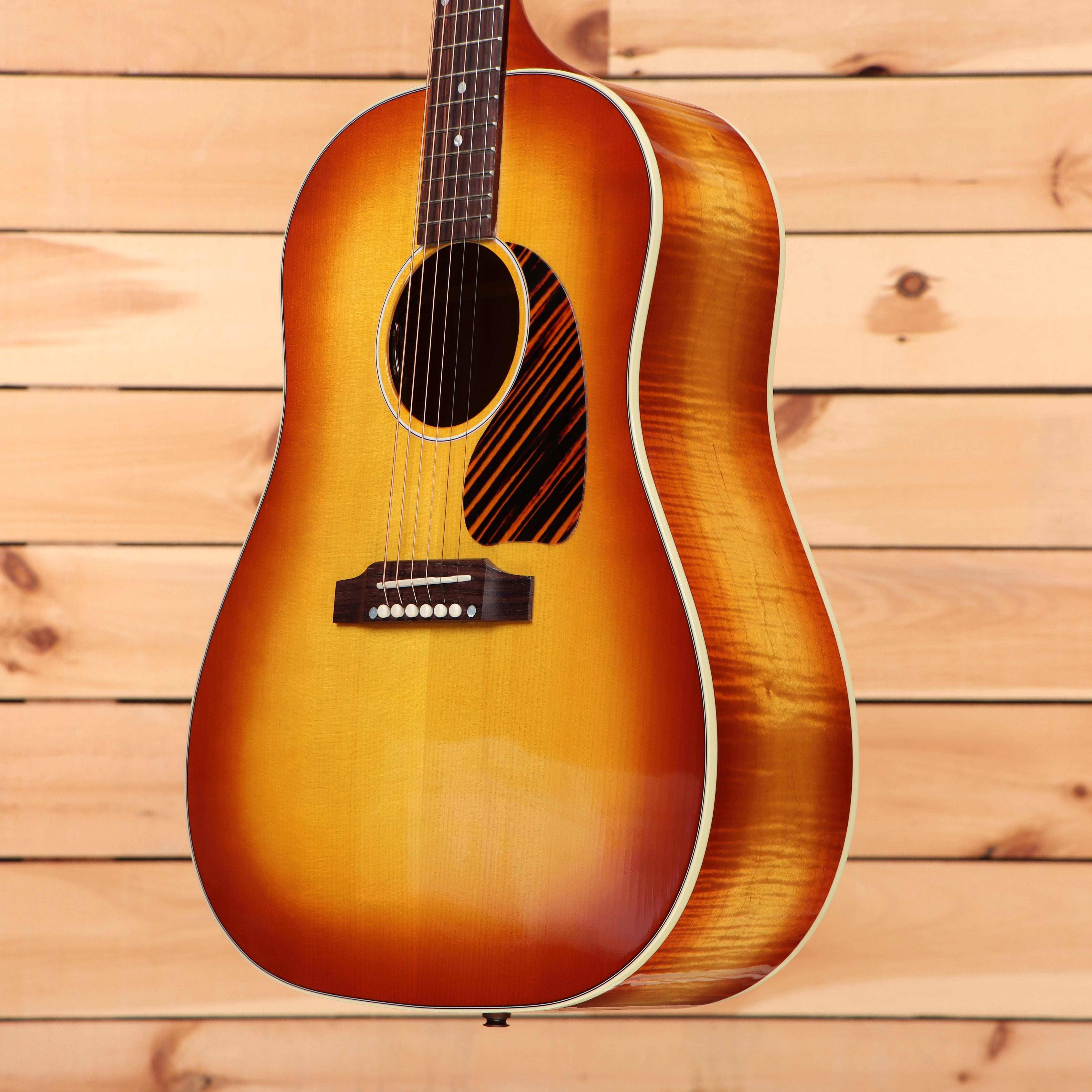Gibson J-45 Standard dreadnought acoustic guitar Flame Maple Custom Sunburst with flamed maple back