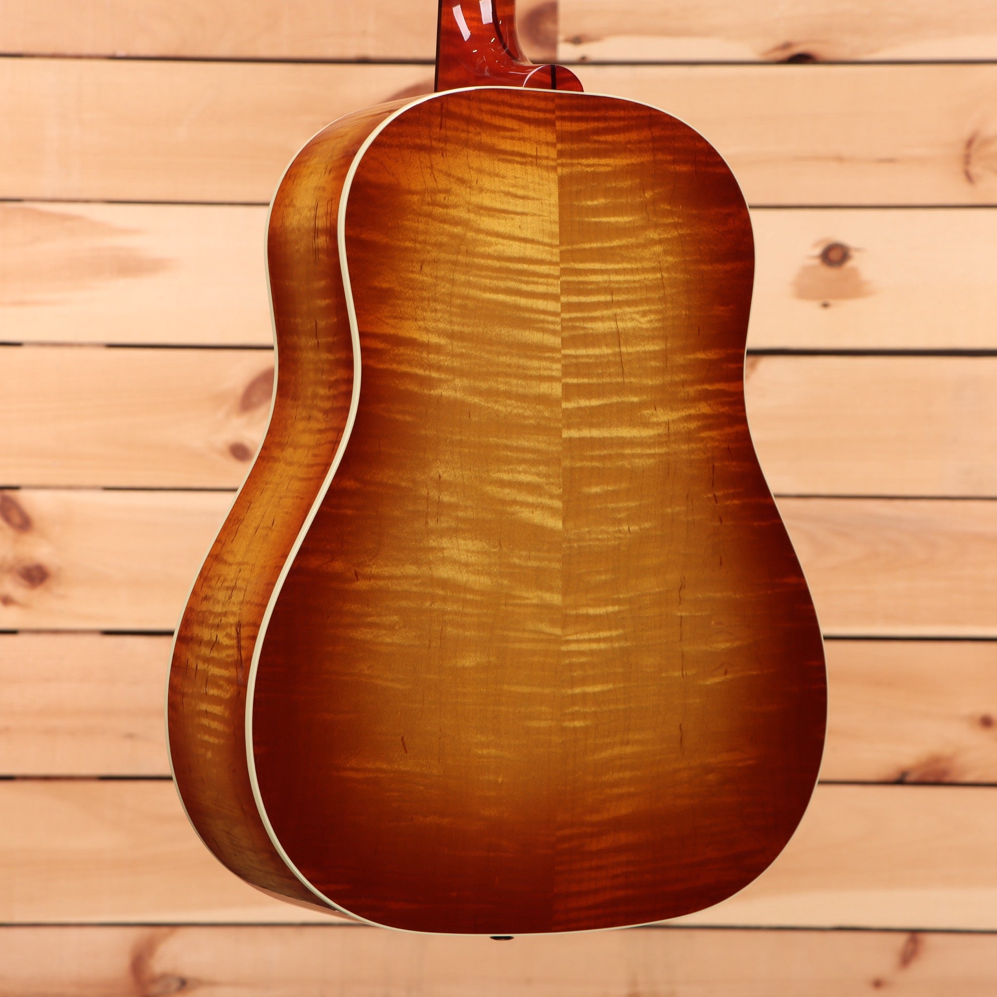 Gibson J-45 Standard acoustic dreadnought guitar Flame Maple Custom Sunburst with white binding