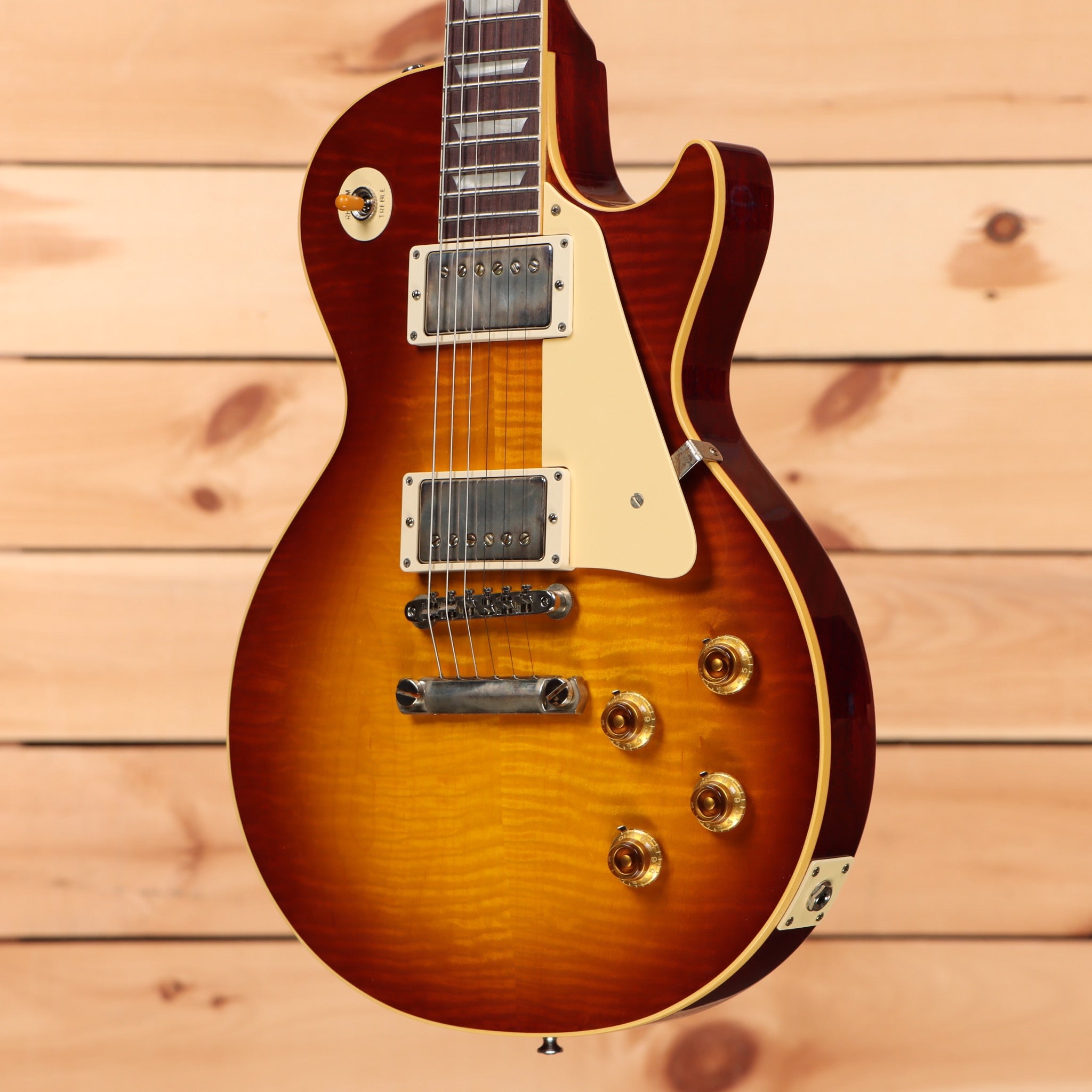 Gibson 1959 Les Paul Standard Reissue VOS electric guitar Washed Cherry Sunburst with dual humbuckers and gold hardware