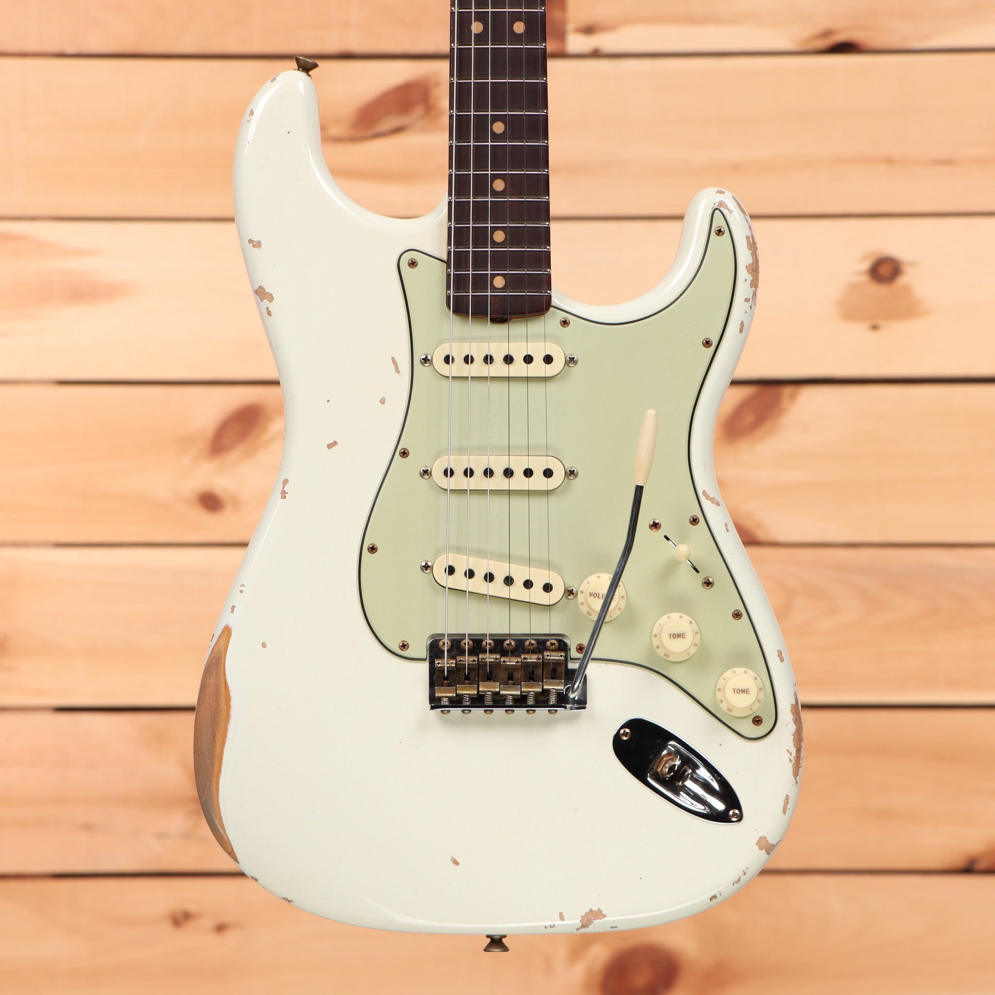 Fender Custom Shop Limited 1964 L-Series Stratocaster Reissue heavy relic aged Olympic White electric guitar with three single-coil pickups