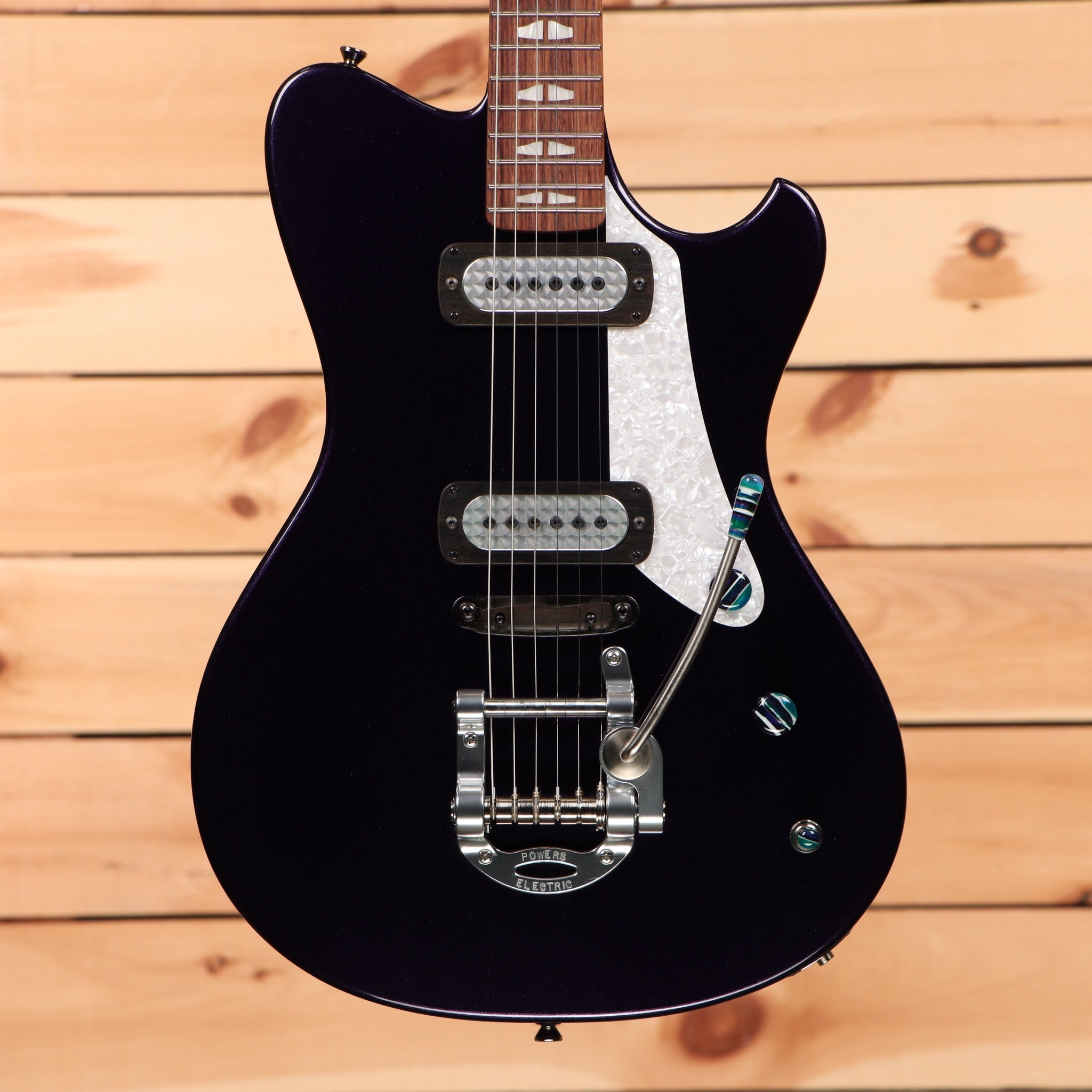 Powers Electric A-Type Cadzzilla purple electric guitar with dual humbucker pickups and tremolo bridge