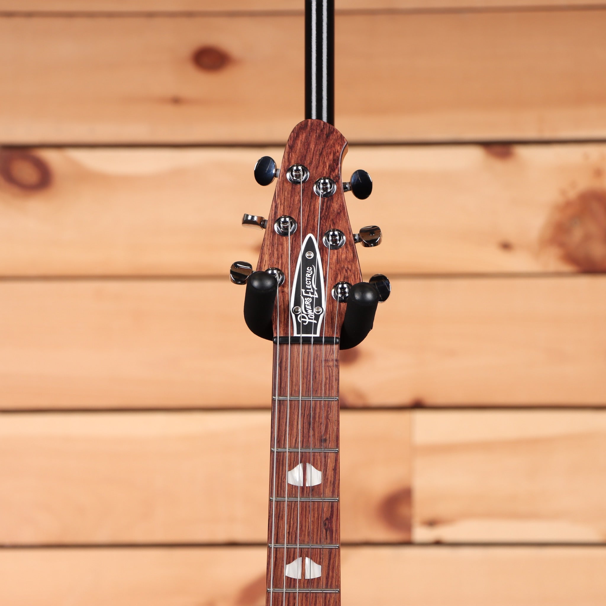 Powers Electric A-Type Cadzzilla Purple electric guitar with rosewood fretboard and black tuning machines