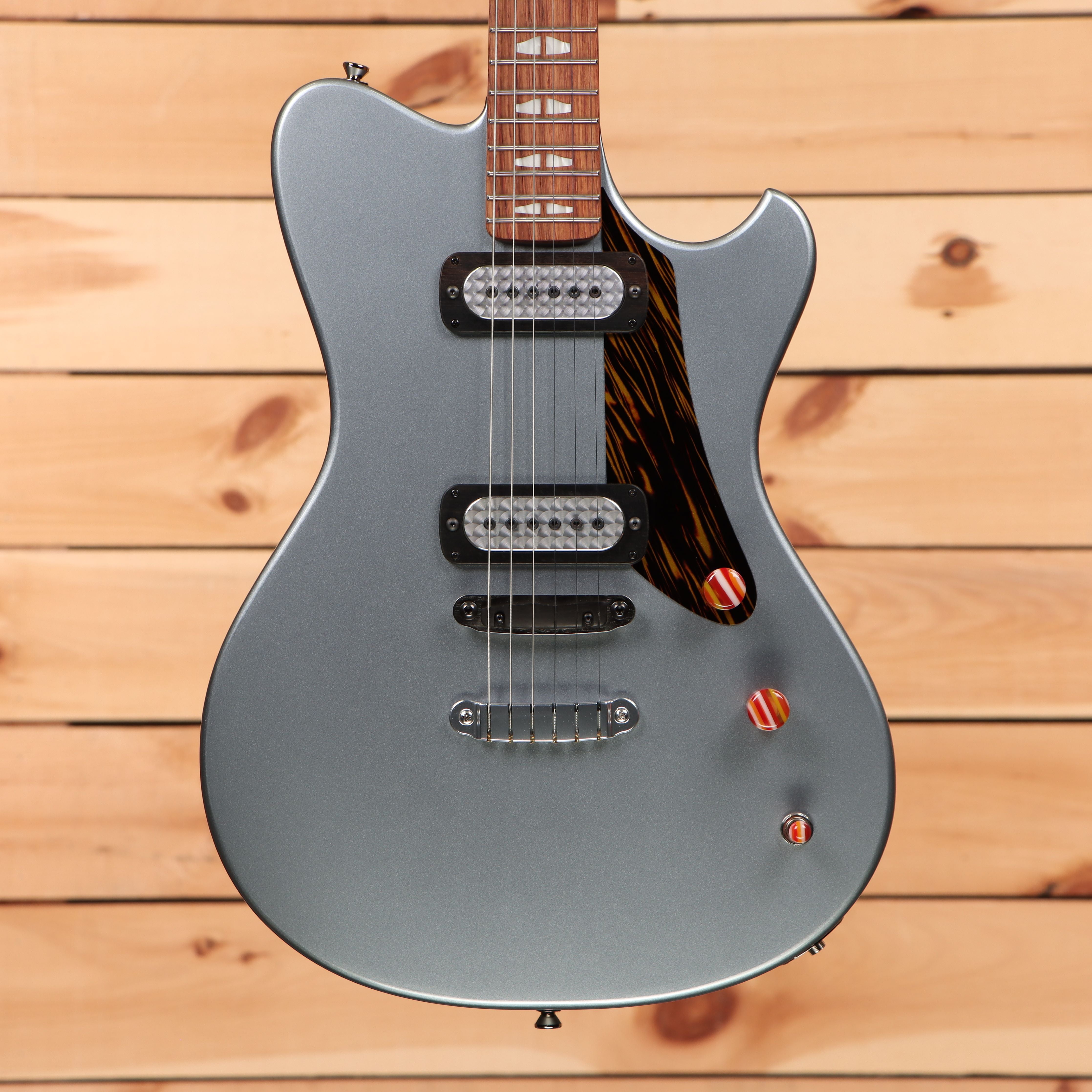 Powers A-Type electric guitar Liquid Metal Chrome Blue with dual humbucker pickups and hardtail bridge