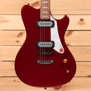 Powers electric A-type hardtail Cherry Bomb guitar with dual humbucker pickups and white pickguard
