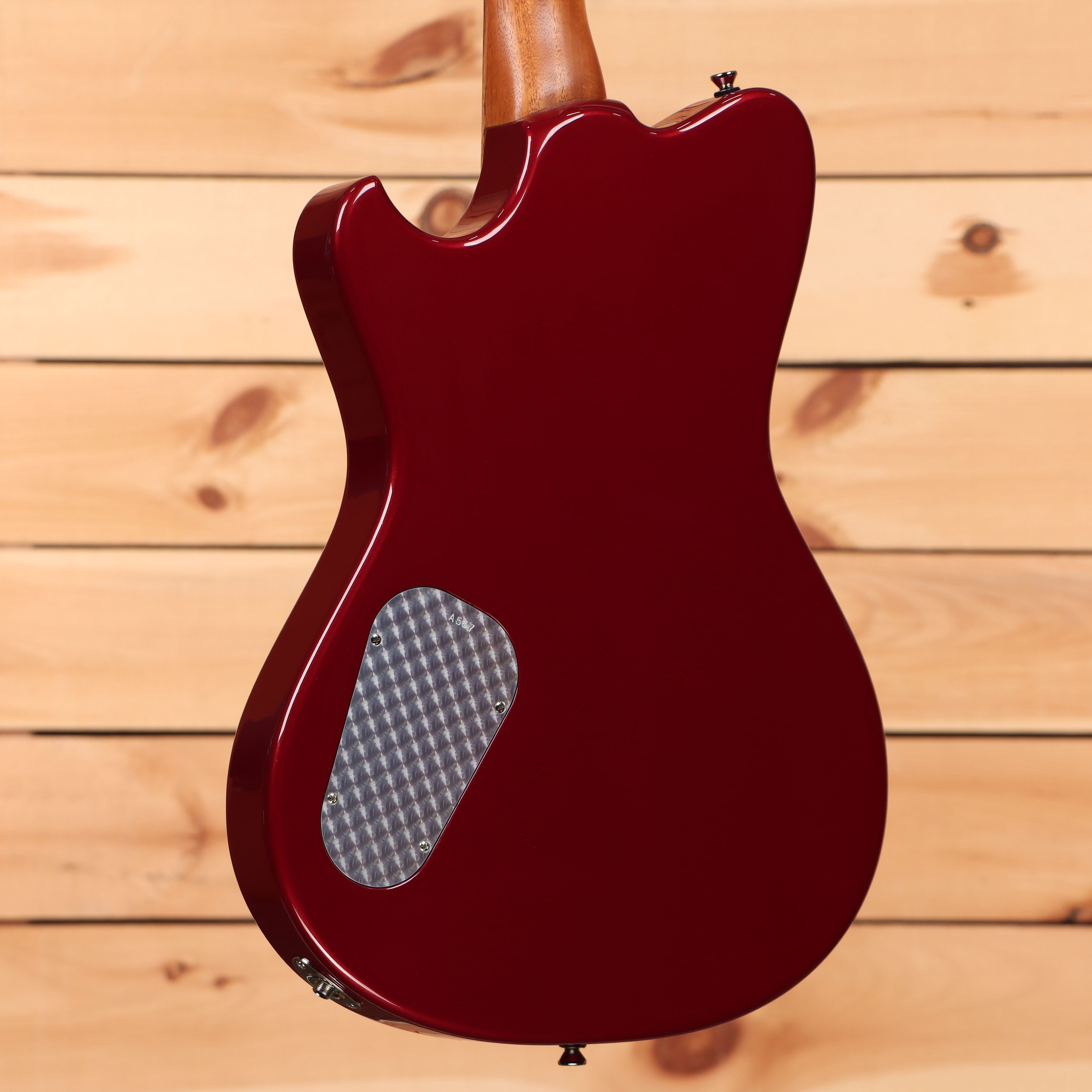 Powers A-Type hardtail electric guitar Cherry Bomb finish with mesh soundhole cover