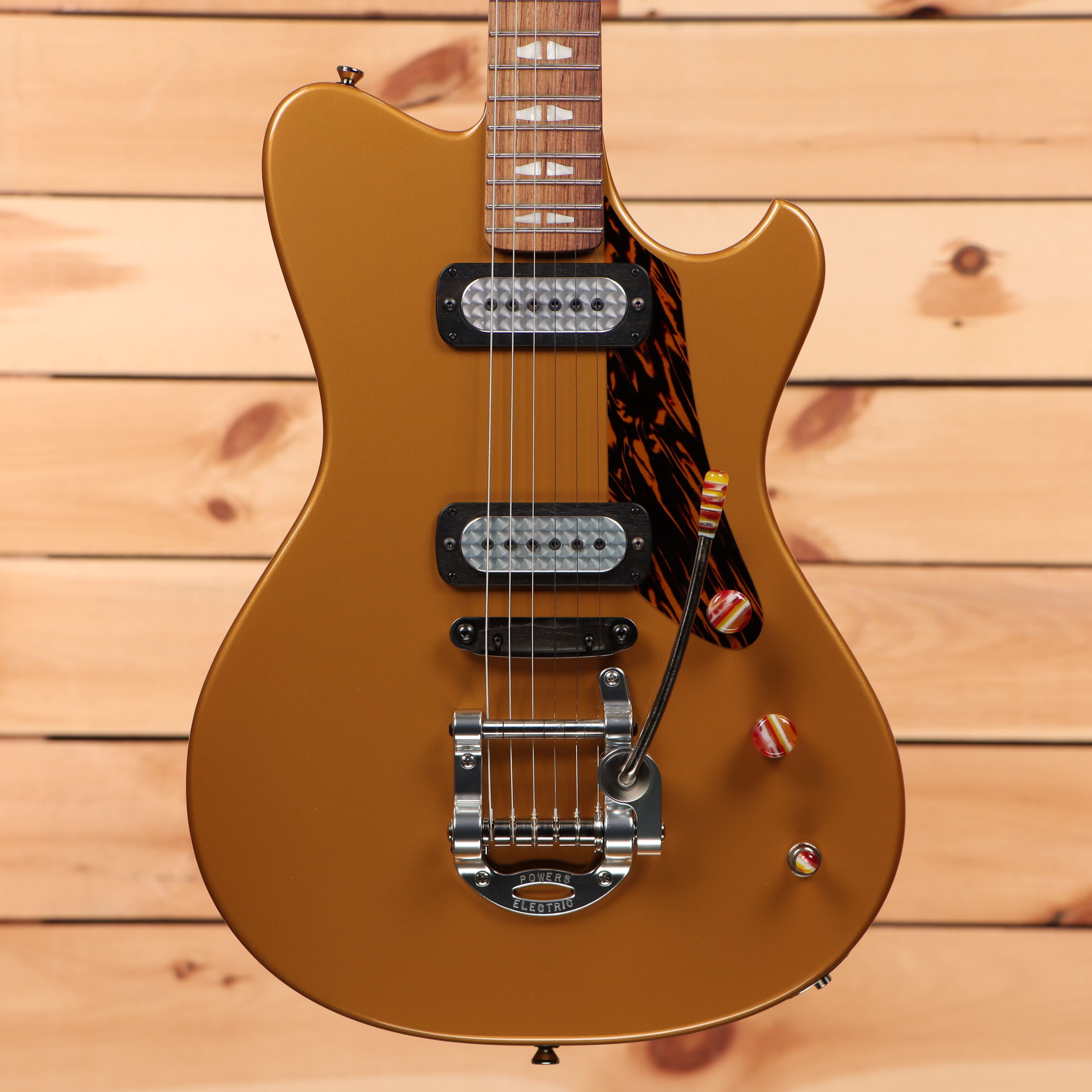 Powers Electric A-Type Golden Yellow Metallic electric guitar with dual humbucker pickups and tremolo bridge