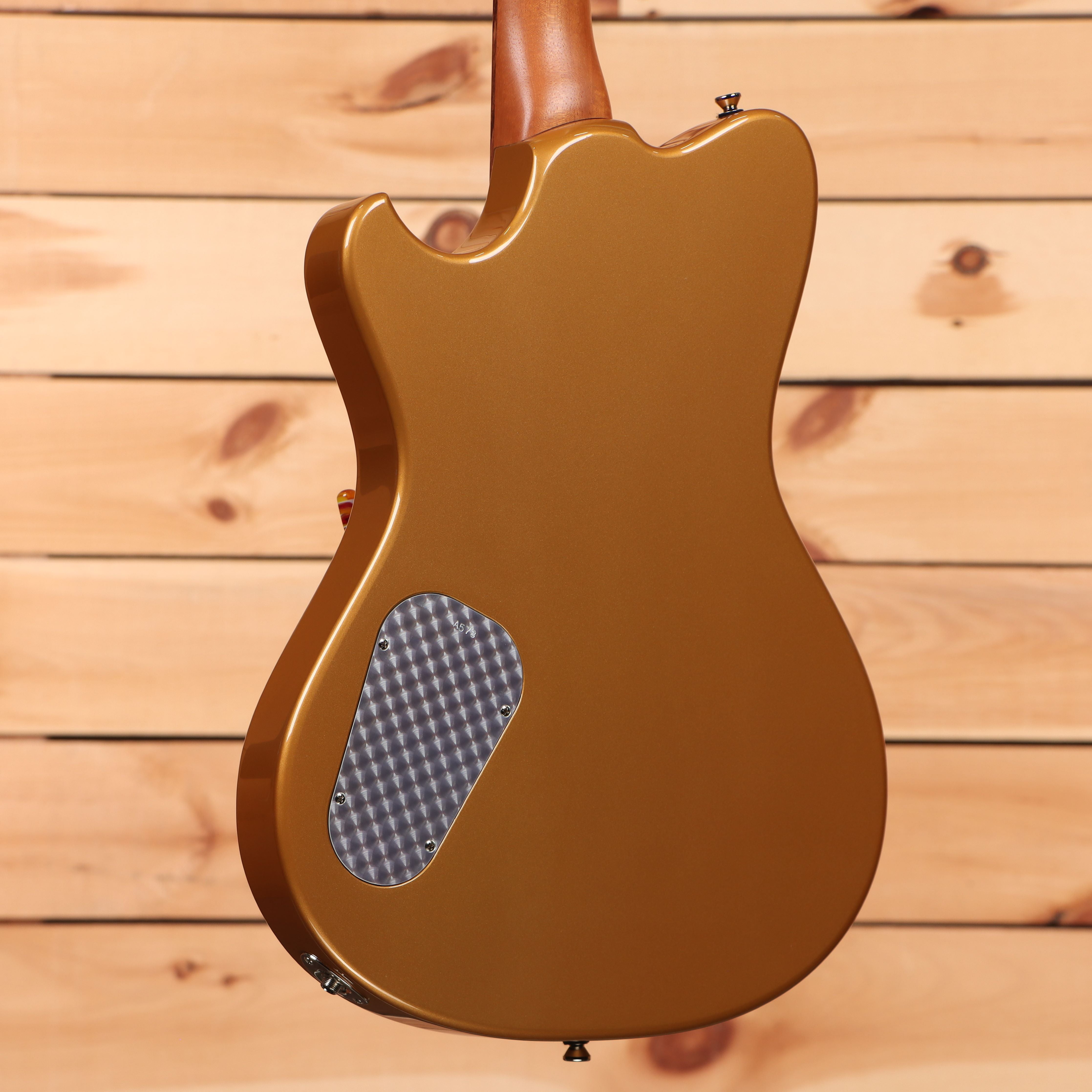 Powers A-Type golden yellow metallic electric guitar with textured pickguard and brown neck