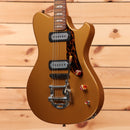Powers Electric A-Type Golden Yellow Metallic electric guitar with dual humbucker pickups and vibrato bridge