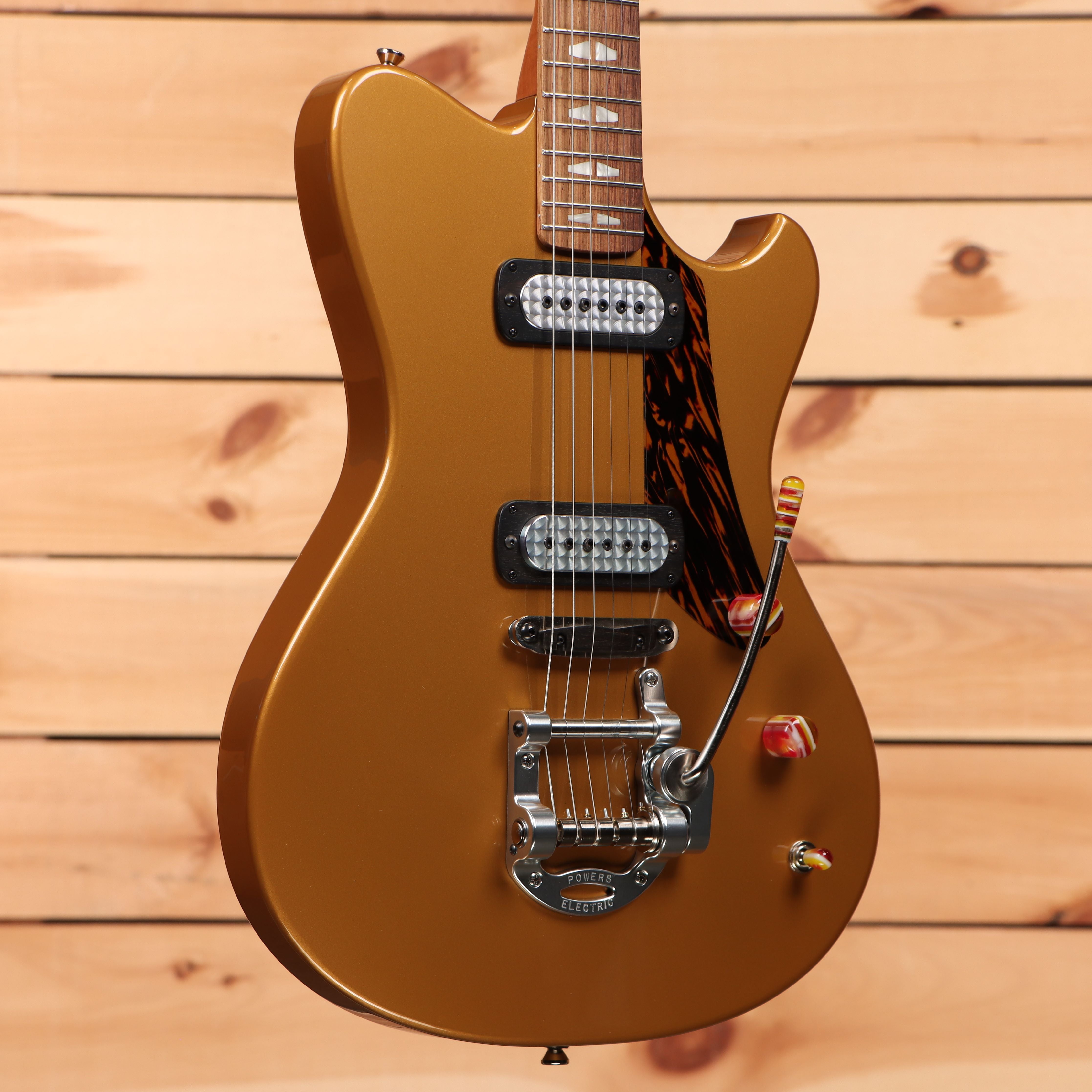 Powers Electric A-Type Golden Yellow Metallic electric guitar with dual humbucker pickups and tremolo bridge