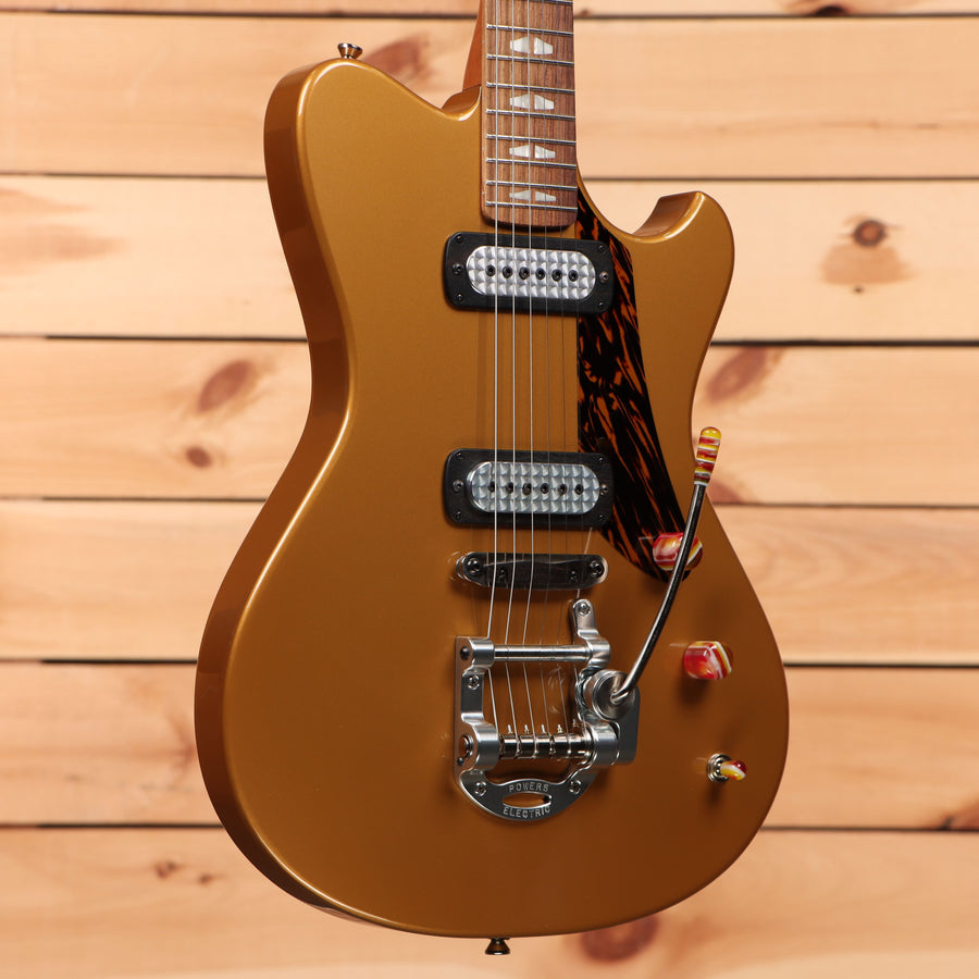 Powers Electric A-Type Golden Yellow Metallic electric guitar with dual humbucker pickups and tremolo bridge