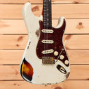 Fender Custom Shop 1962 Stratocaster electric guitar Heavy Relic Aged Olympic White with three-color sunburst and single-coil pickups