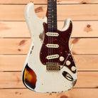 Fender Custom Shop 1962 Stratocaster electric guitar Heavy Relic Aged Olympic White with three-color sunburst and single-coil pickups