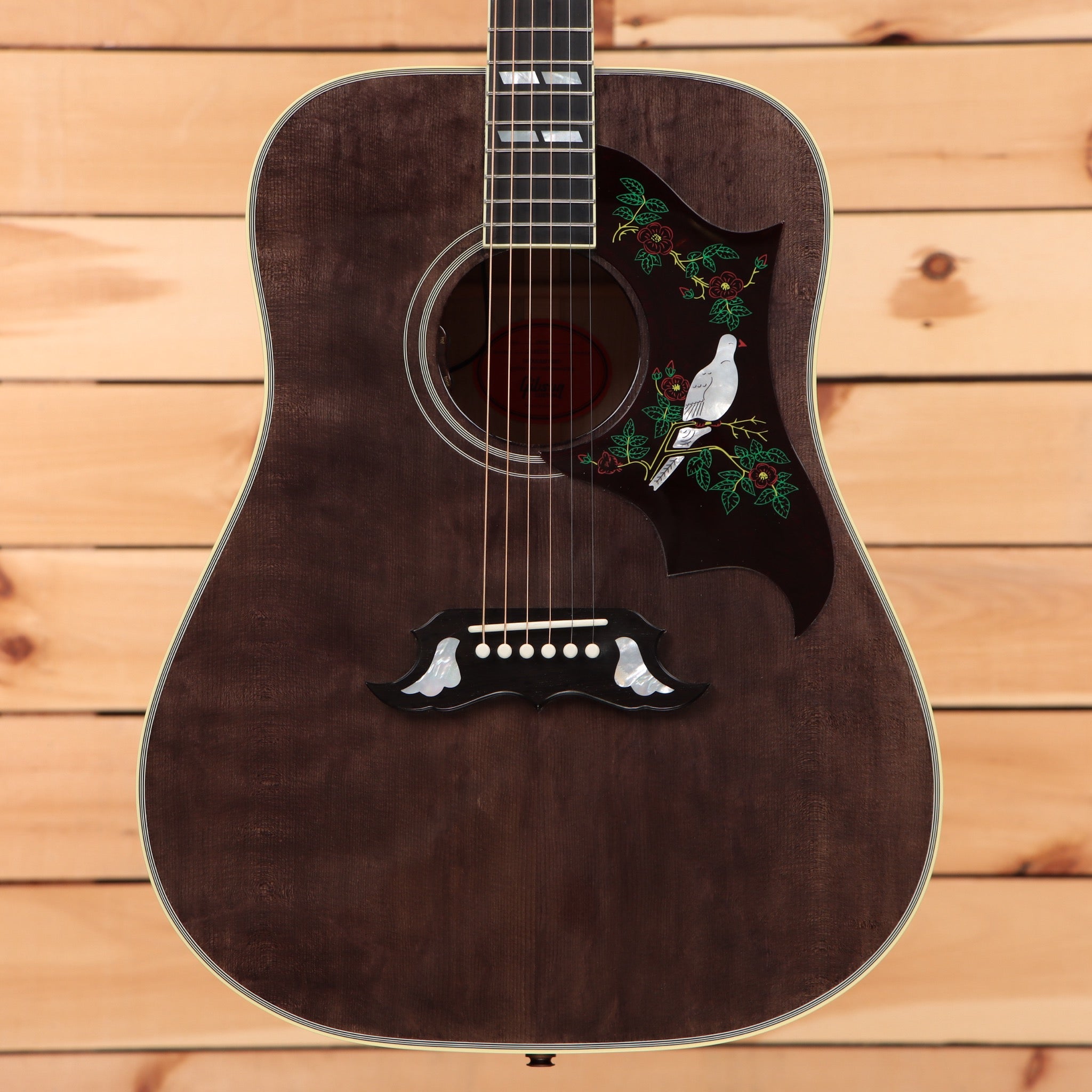 Gibson Dove Original M2M dreadnought acoustic guitar Trans Ebony with inlaid bird and floral pickguard