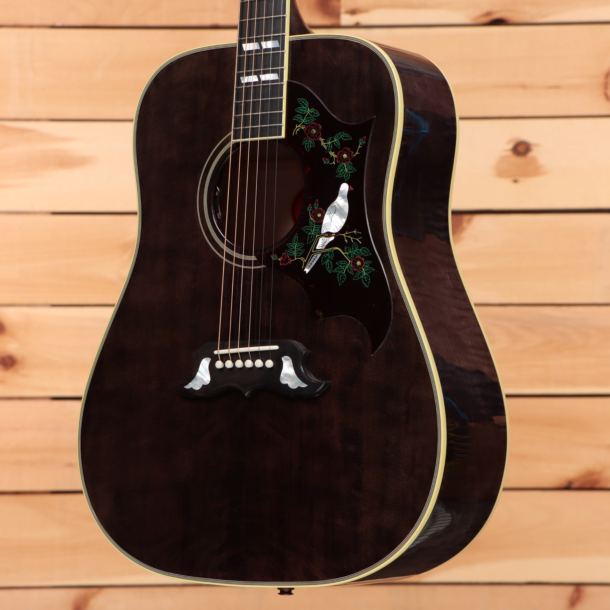 Gibson Dove Original M2M dreadnought acoustic guitar Trans Ebony with inlaid bird and floral mother-of-pearl pickguard