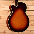 D'Angelico New Yorker semi-hollow electric guitar sunburst finish with cream binding and f-holes pre-owned