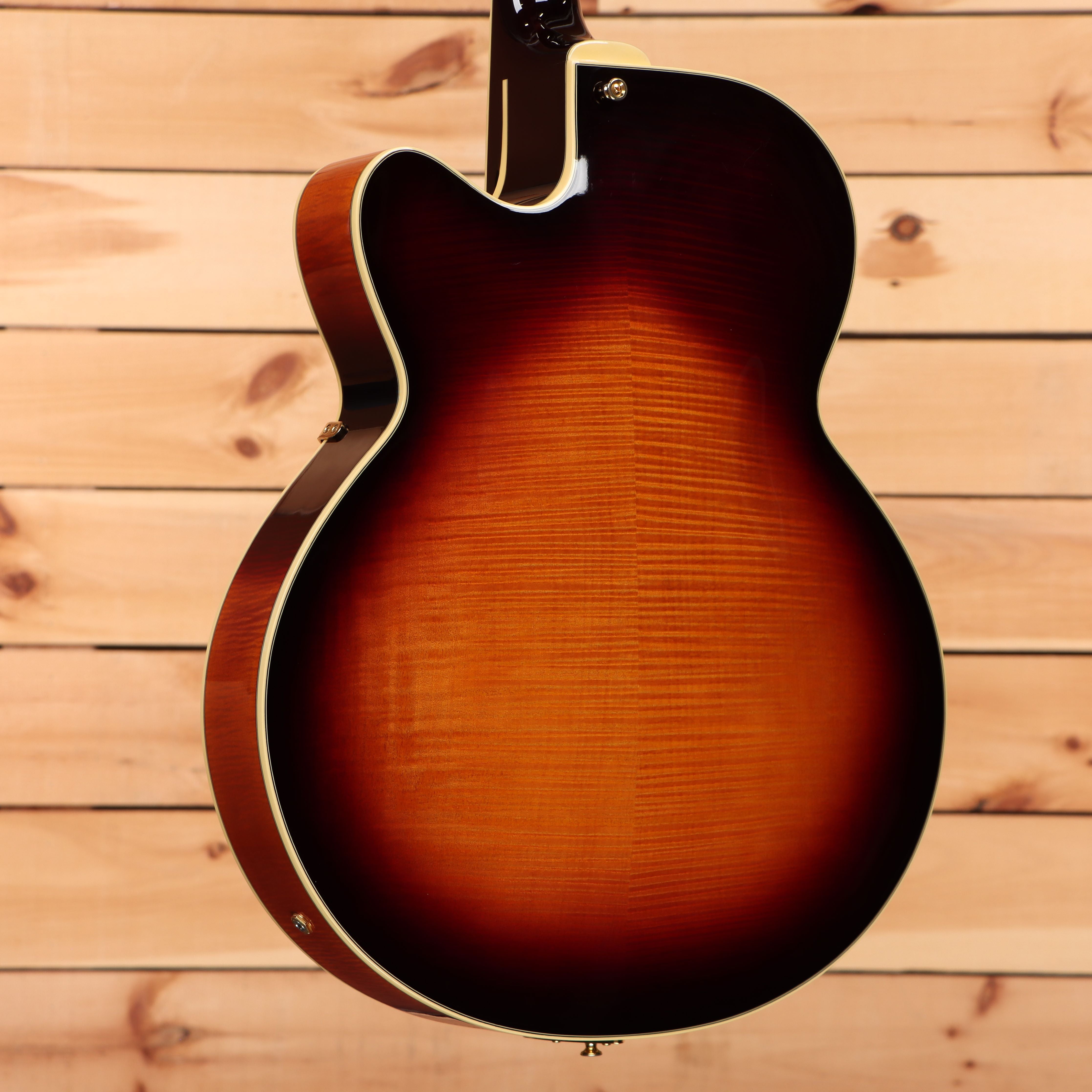D'Angelico New Yorker semi-hollow electric guitar sunburst finish with cream binding and f-holes pre-owned