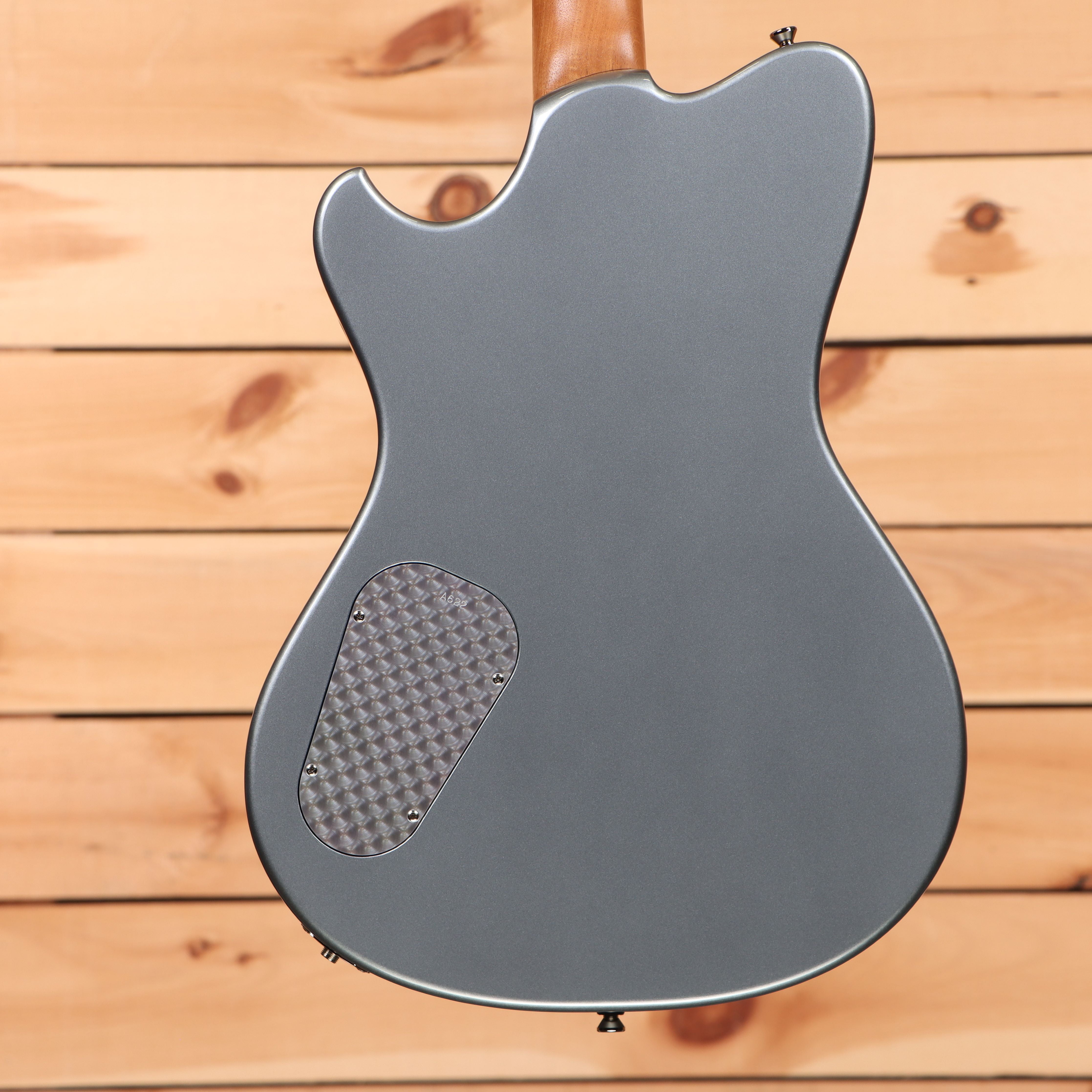 Powers Electric A-Type Liquid Metal Chrome Blue electric guitar with textured pickguard and maple neck