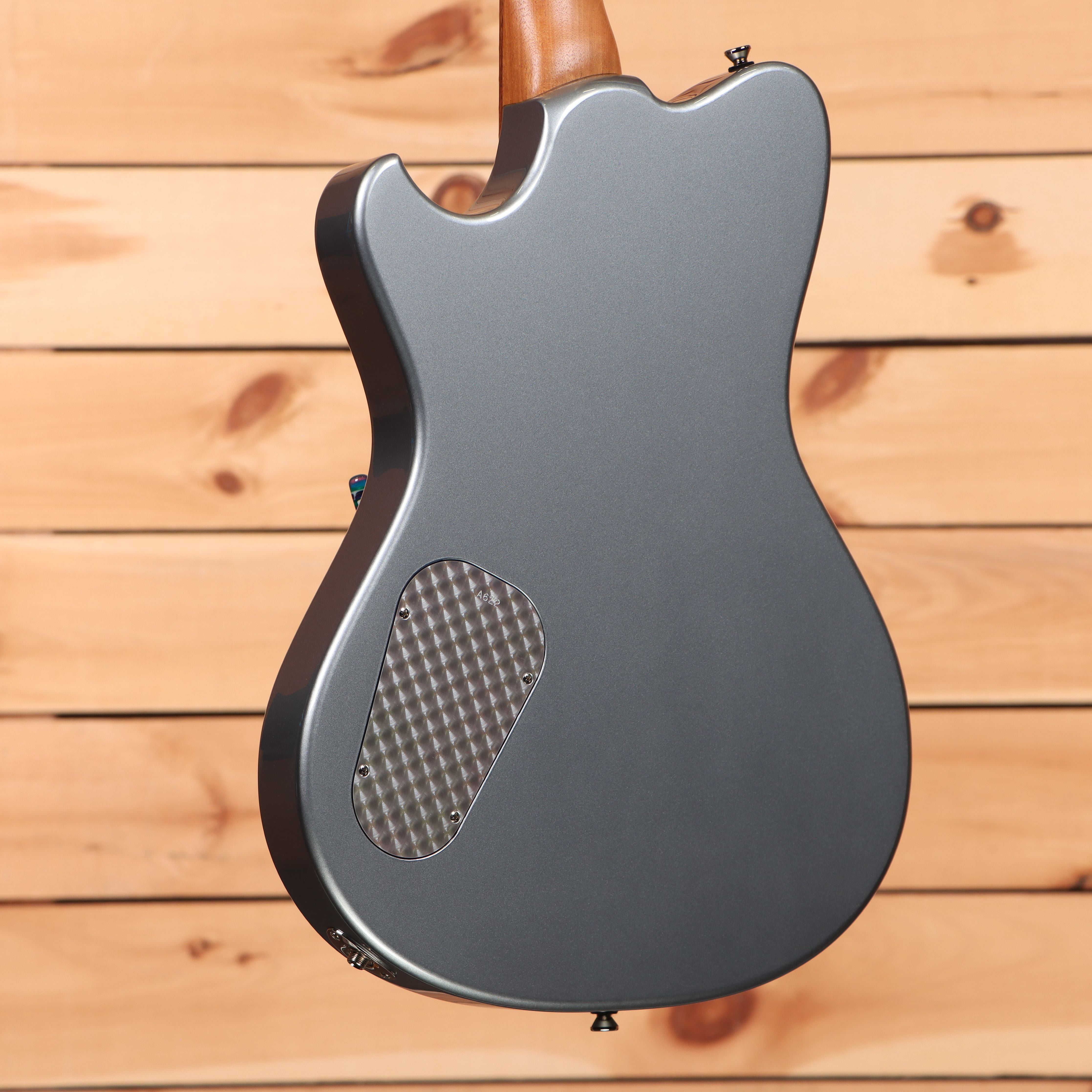 Powers A-Type Liquid Metal Chrome Blue electric guitar with textured pickguard and wooden neck