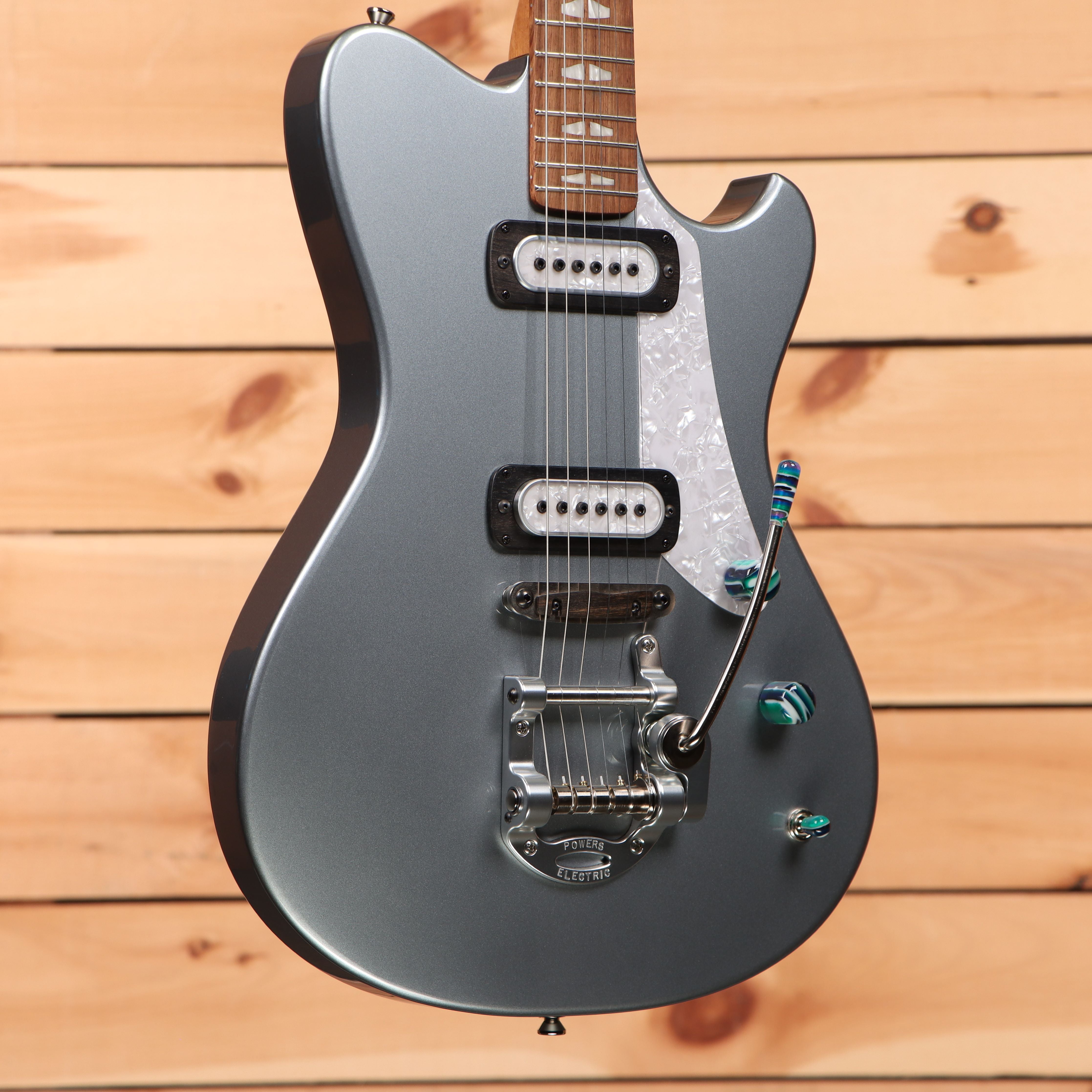 Powers Electric A-Type Liquid Metal Chrome Blue electric guitar with dual humbucker pickups and tremolo bridge