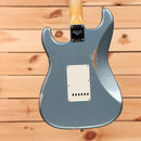 Fender Custom Shop Righteous Reissue Late 1962 Stratocaster relic aged ice blue metallic electric guitar with single-coil pickups