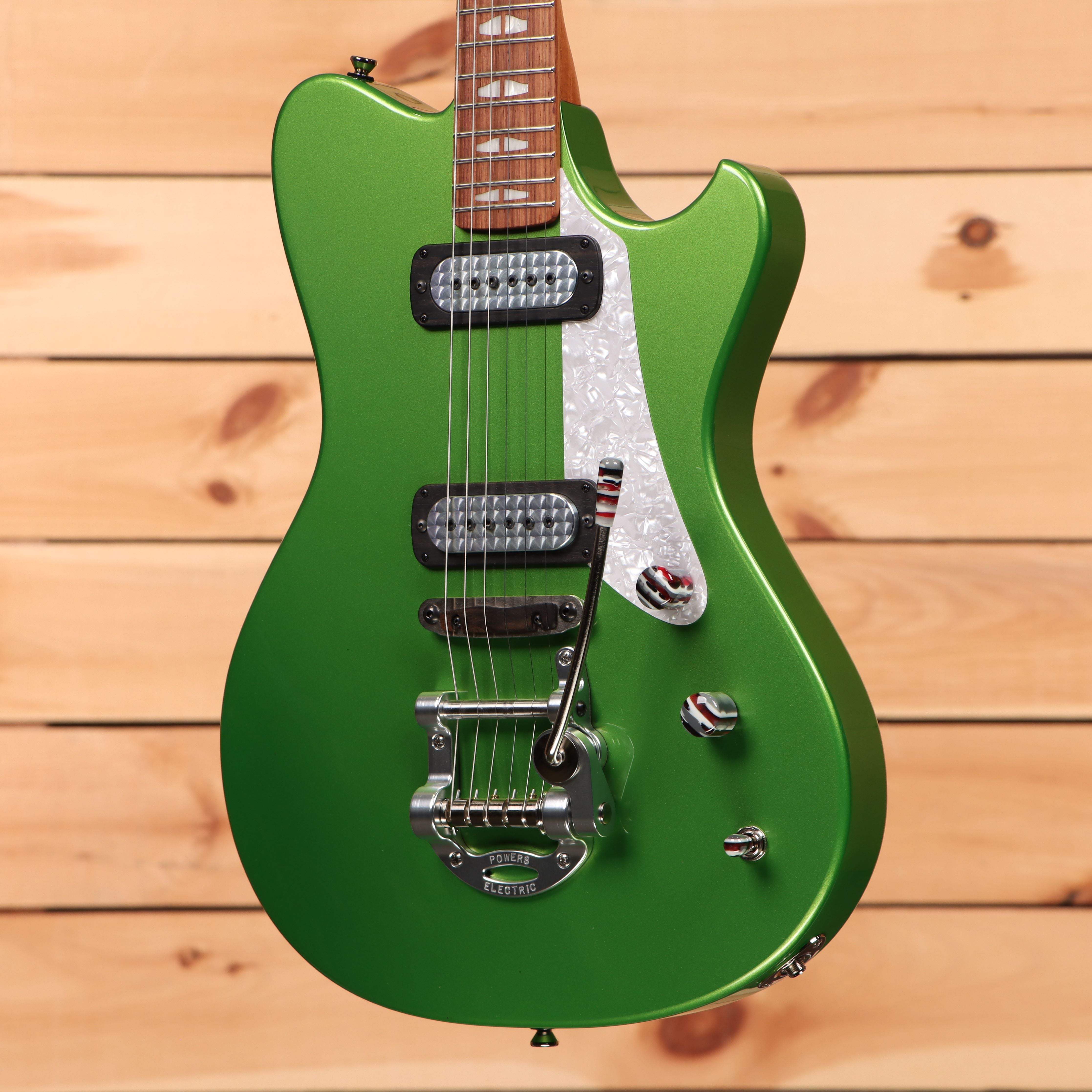 Powers Electric A-Type Java Green Metallic electric guitar with dual humbucker pickups and tremolo bridge