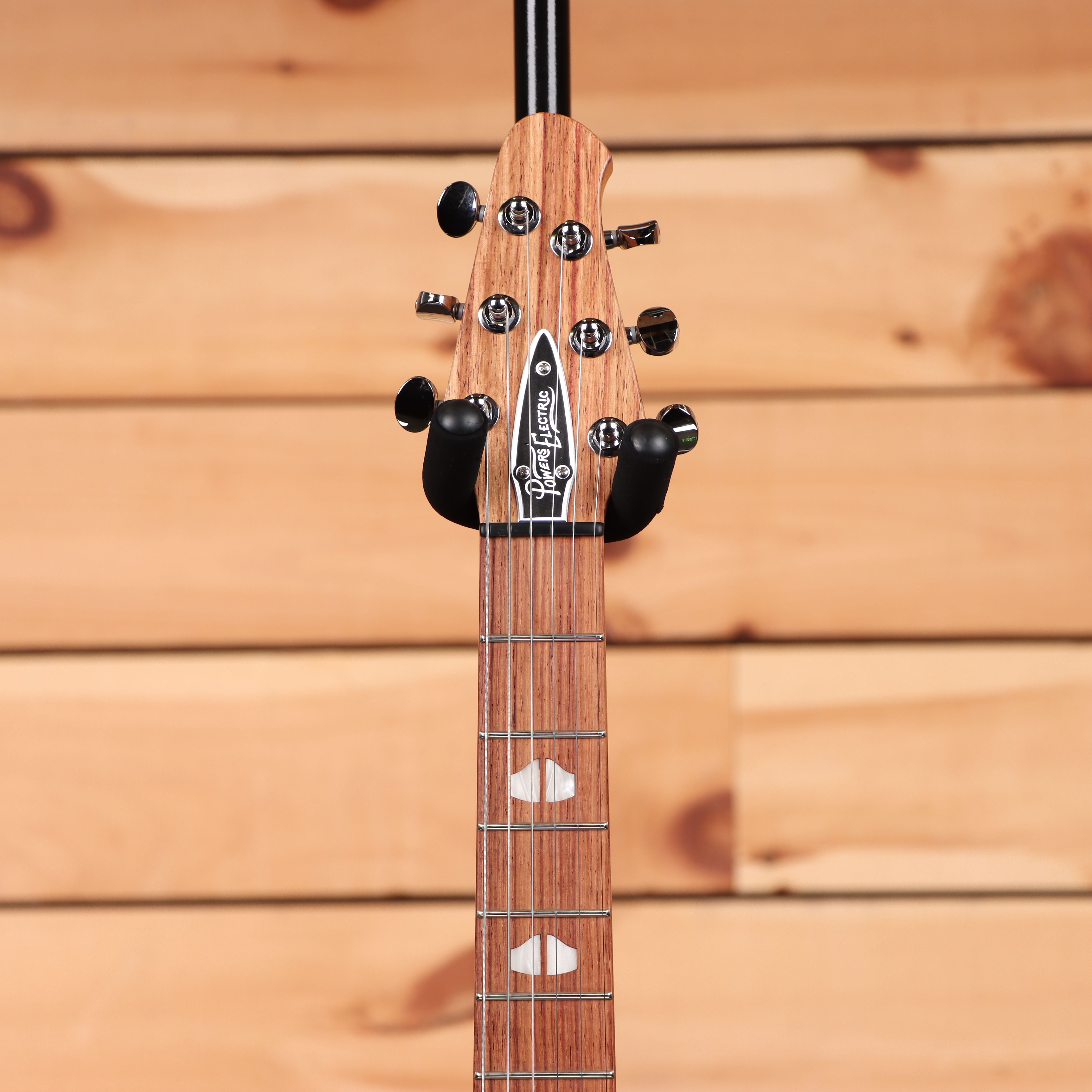 Powers Electric A-Type Java Green Metallic electric bass guitar with black hardware and rosewood fretboard