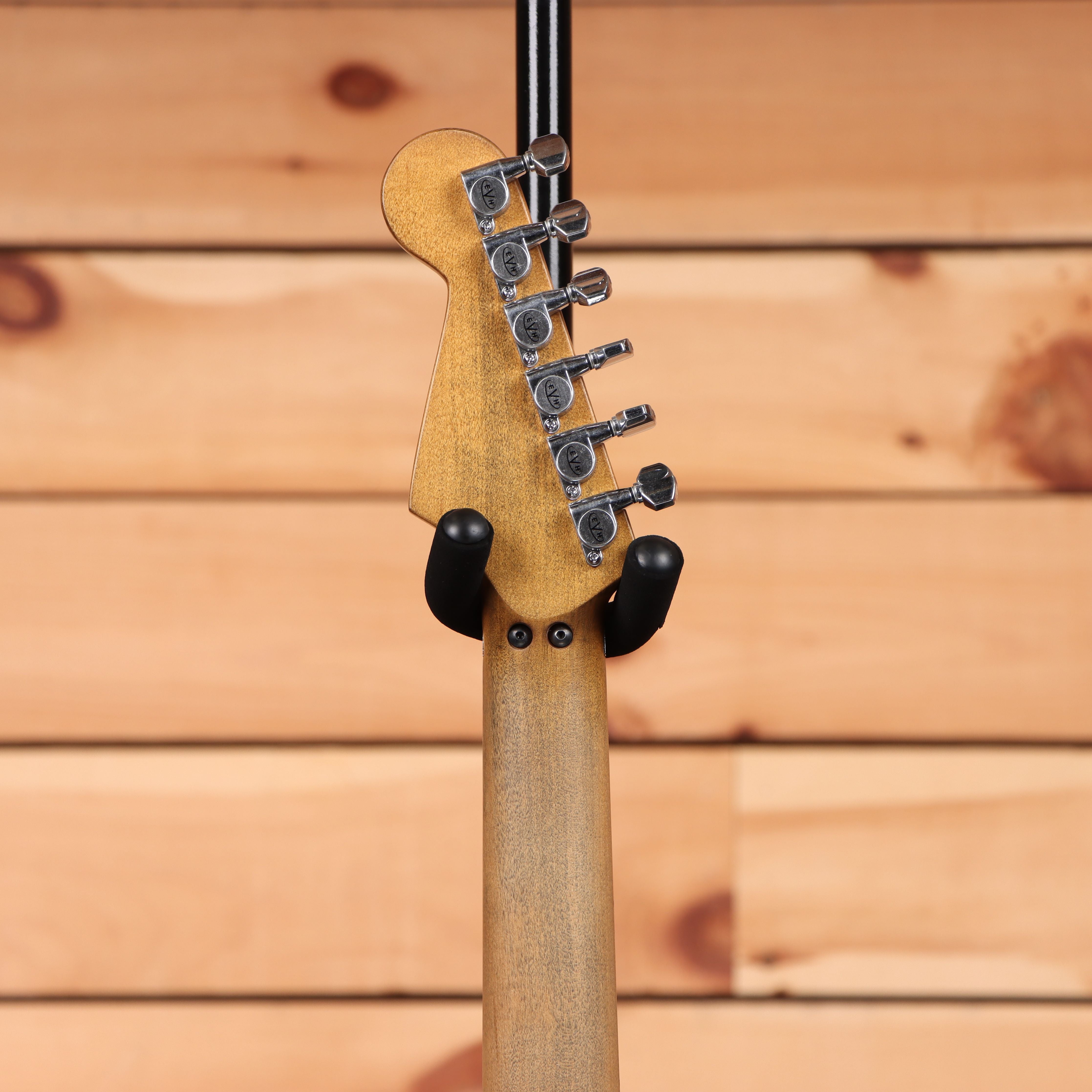 EVH Limited Frankenstein Relic Series electric guitar Silverburst with chrome locking tuners and black headstock back plate