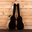 Boucher GRHG166T natural grand concert classical guitar case open showing black velvet interior with gold hardware