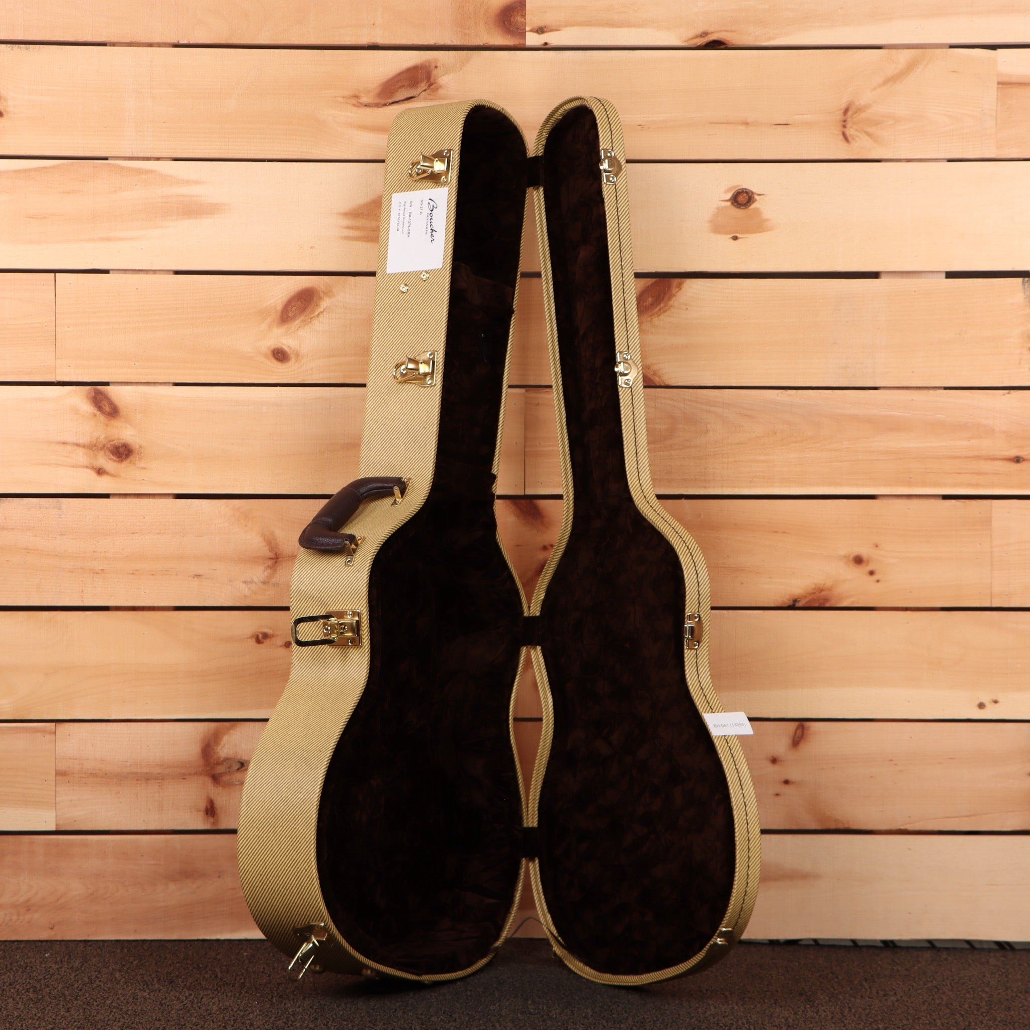 Boucher SG21G acoustic guitar natural finish with black velvet interior case and gold hardware