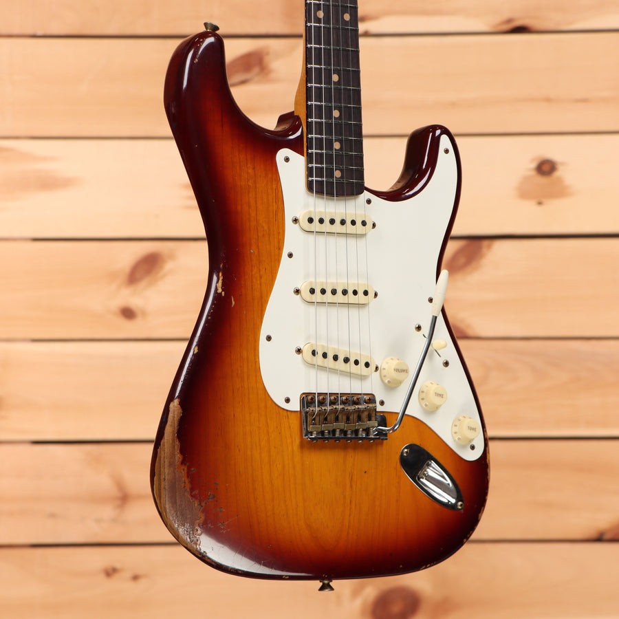 Fender Custom Shop Limited Troposphere Stratocaster heavy relic tobacco sunburst electric guitar with white pickguard and single-coil pickups