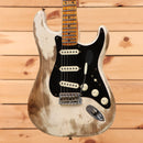 Pre-owned Fender Custom Shop Ltd Poblano Stratocaster electric guitar Aged White Blonde with single-coil pickups and black pickguard