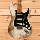 Pre-owned Fender Custom Shop Ltd Poblano Stratocaster electric guitar Aged White Blonde with single-coil pickups and black pickguard