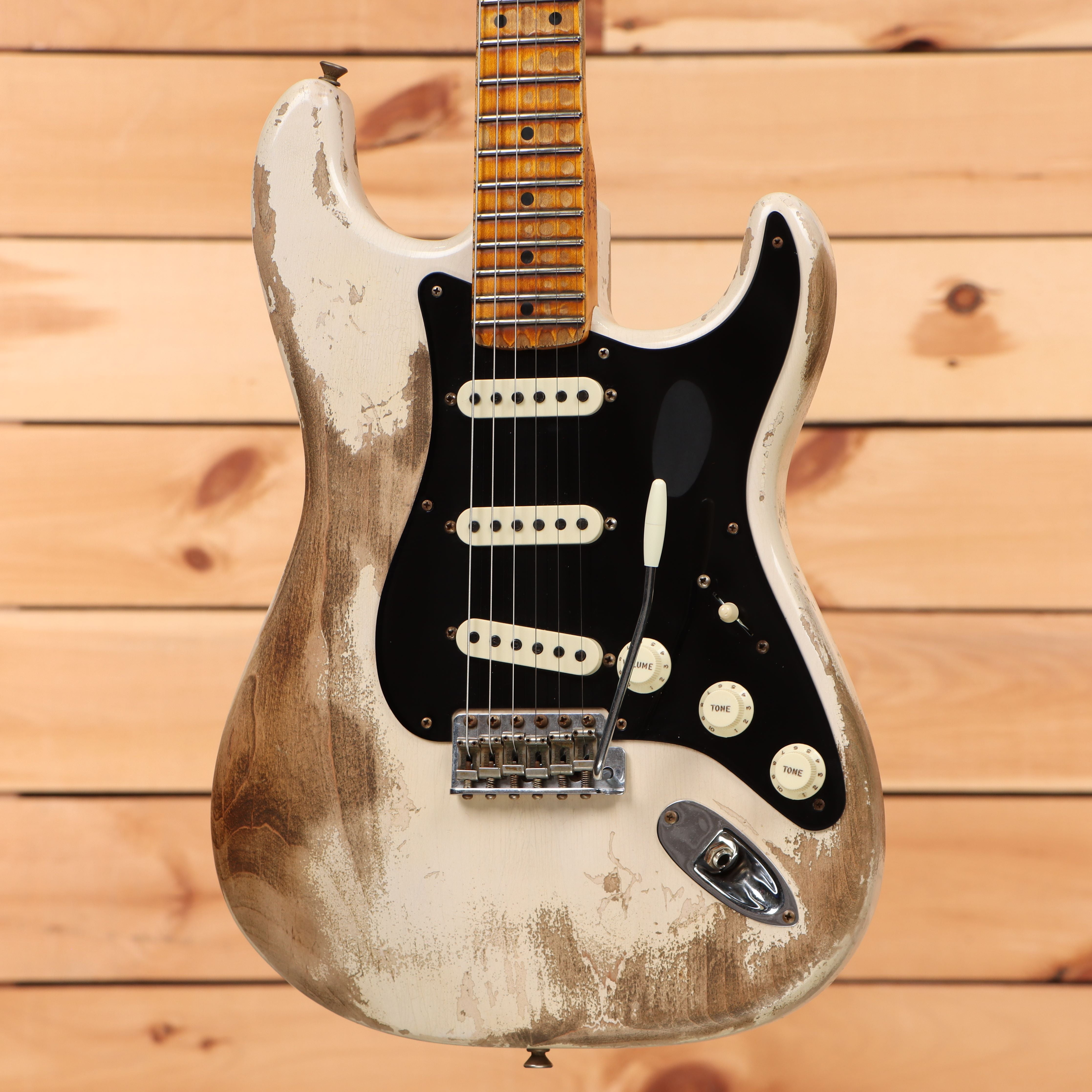 Pre-owned Fender Custom Shop Ltd Poblano Stratocaster electric guitar Aged White Blonde with single-coil pickups and black pickguard
