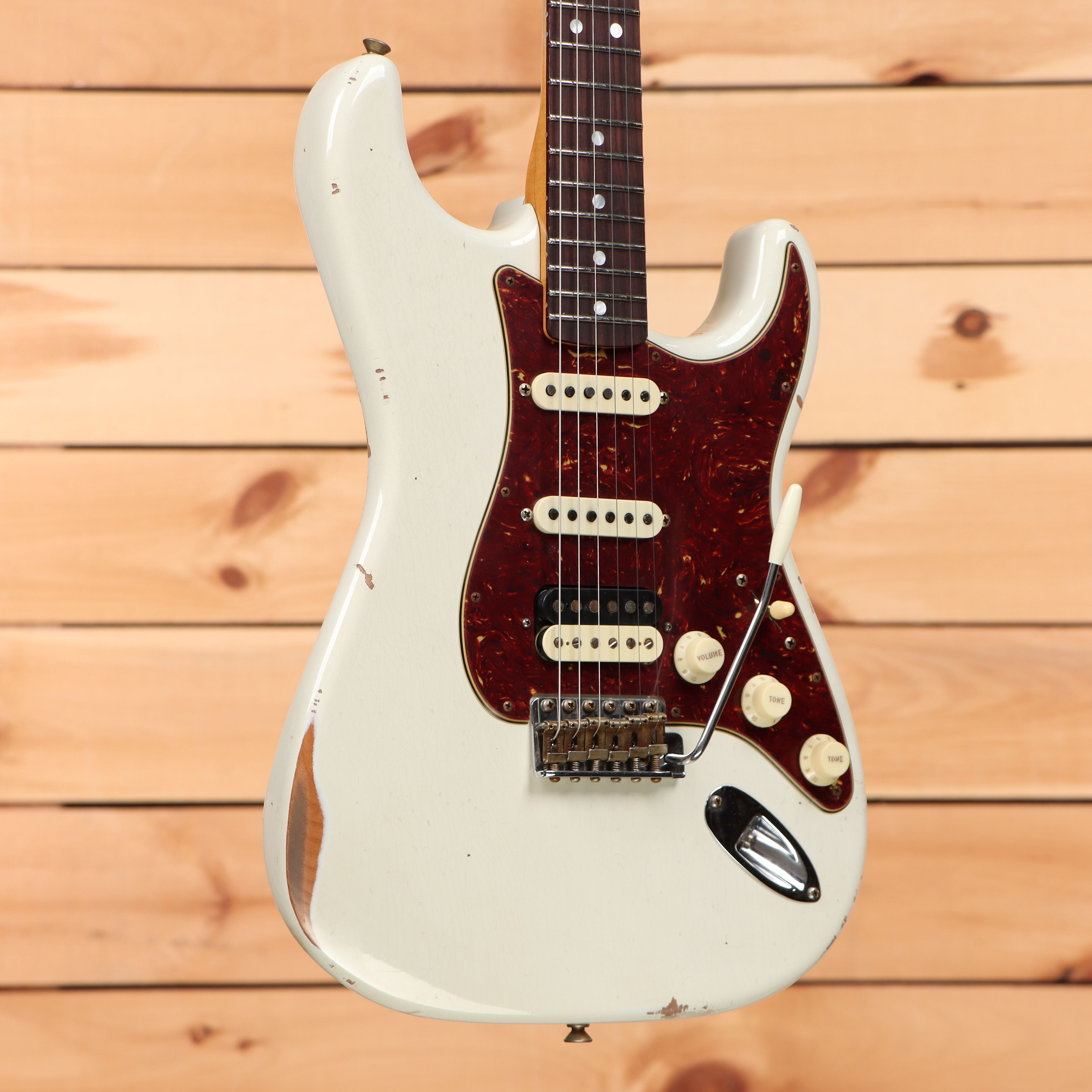 Fender Custom Shop Limited 1967 Stratocaster HSS Relic electric guitar Olympic White aged finish with tortoiseshell pickguard