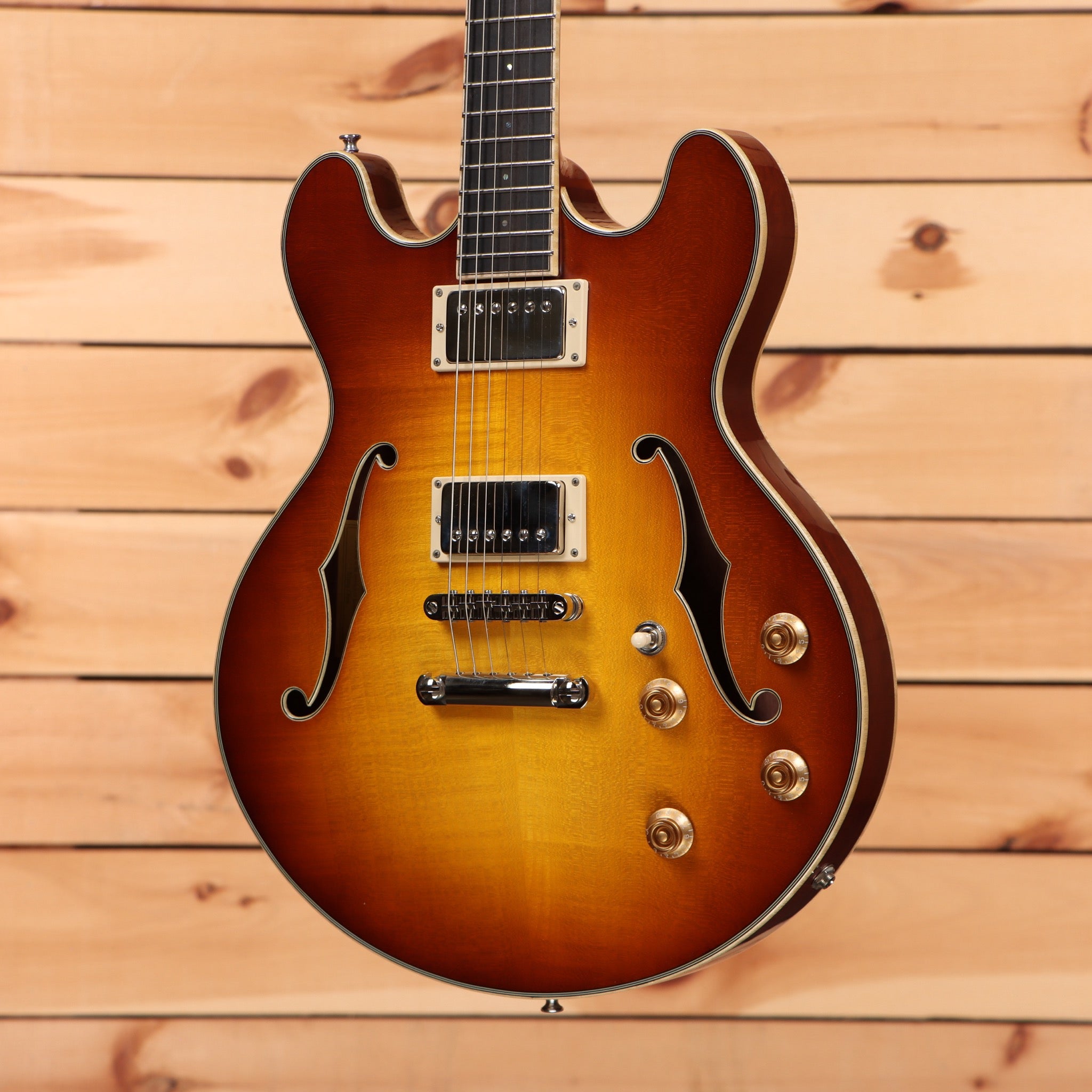 Eastman T185MX semi-hollow body electric guitar Goldburst finish with dual humbucker pickups