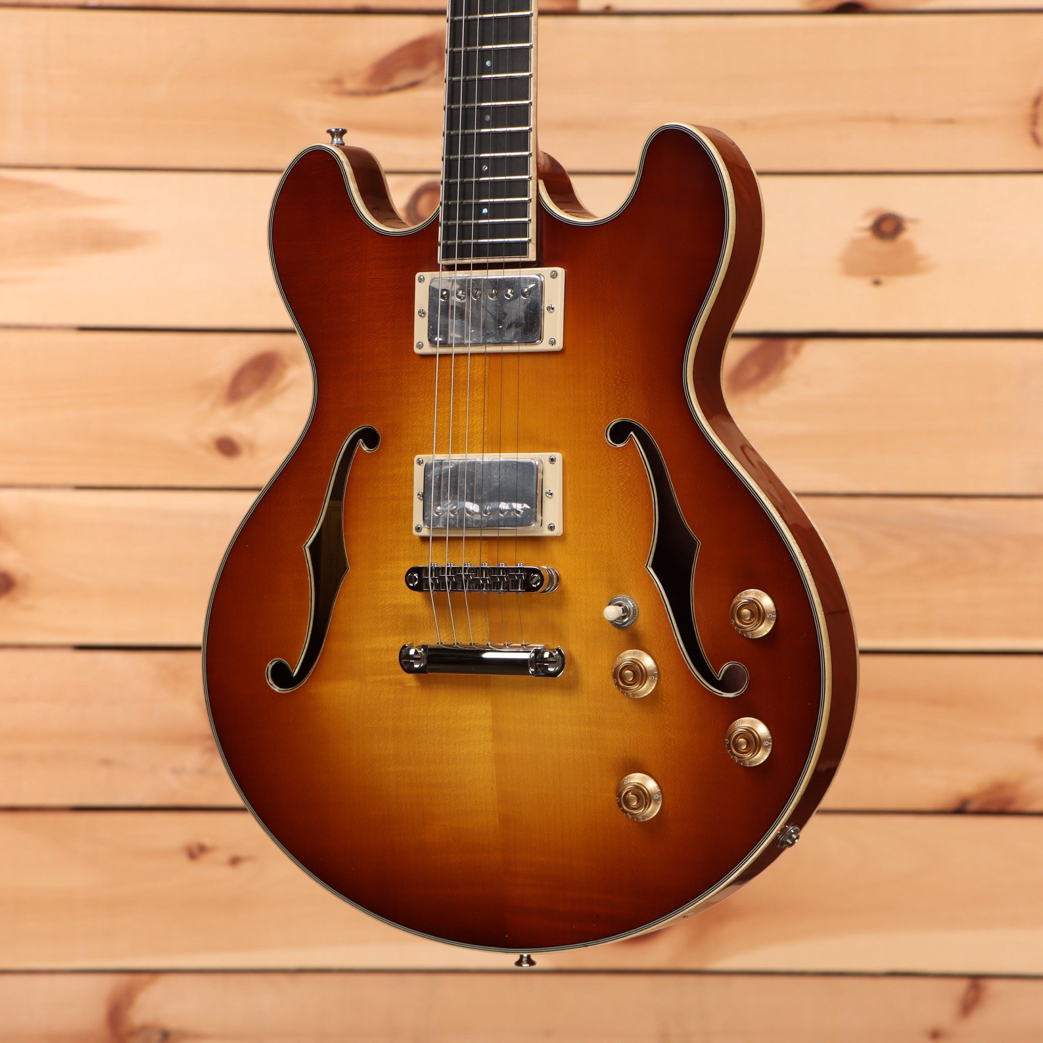 Eastman T185MX semi-hollow body electric guitar goldburst finish with dual humbuckers and f-holes