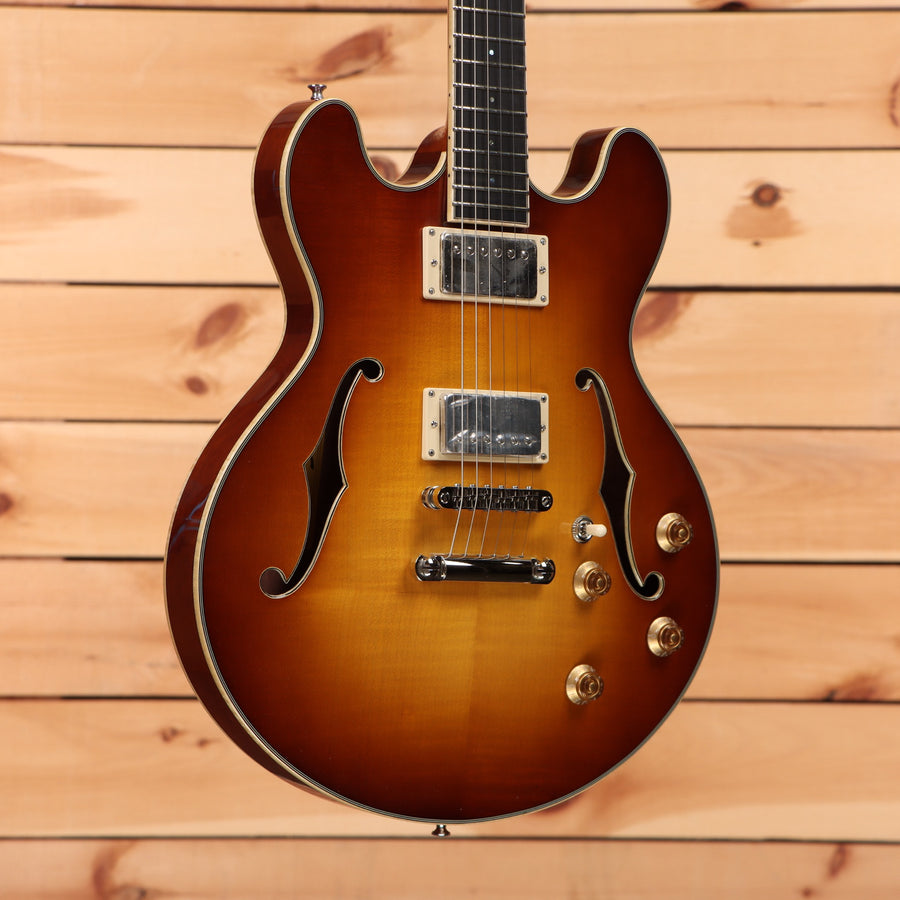 Eastman T185MX semi-hollow electric guitar Goldburst with dual humbucker pickups and f-holes