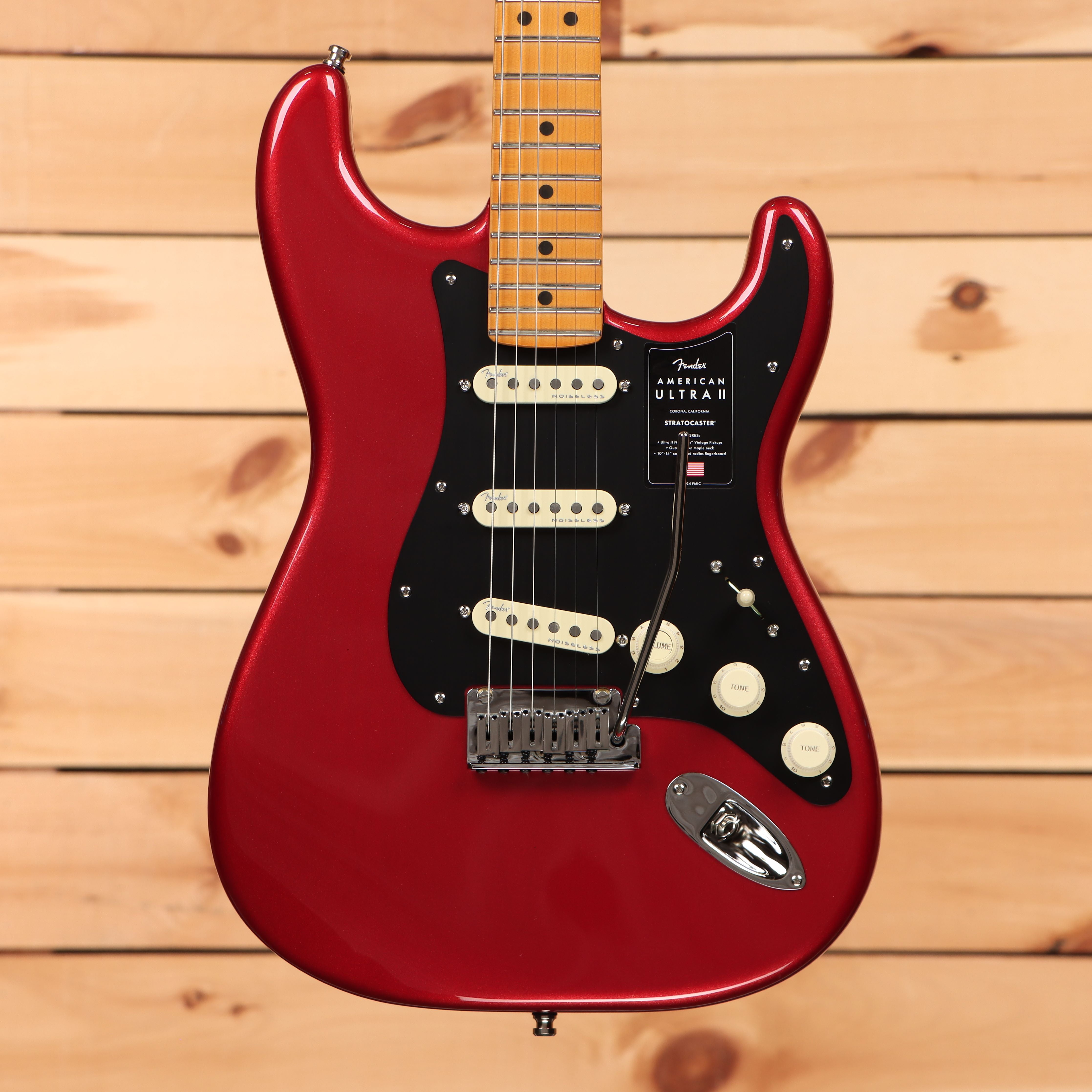 Fender American Ultra II Stratocaster electric guitar Sinister Red with maple neck and three single-coil pickups