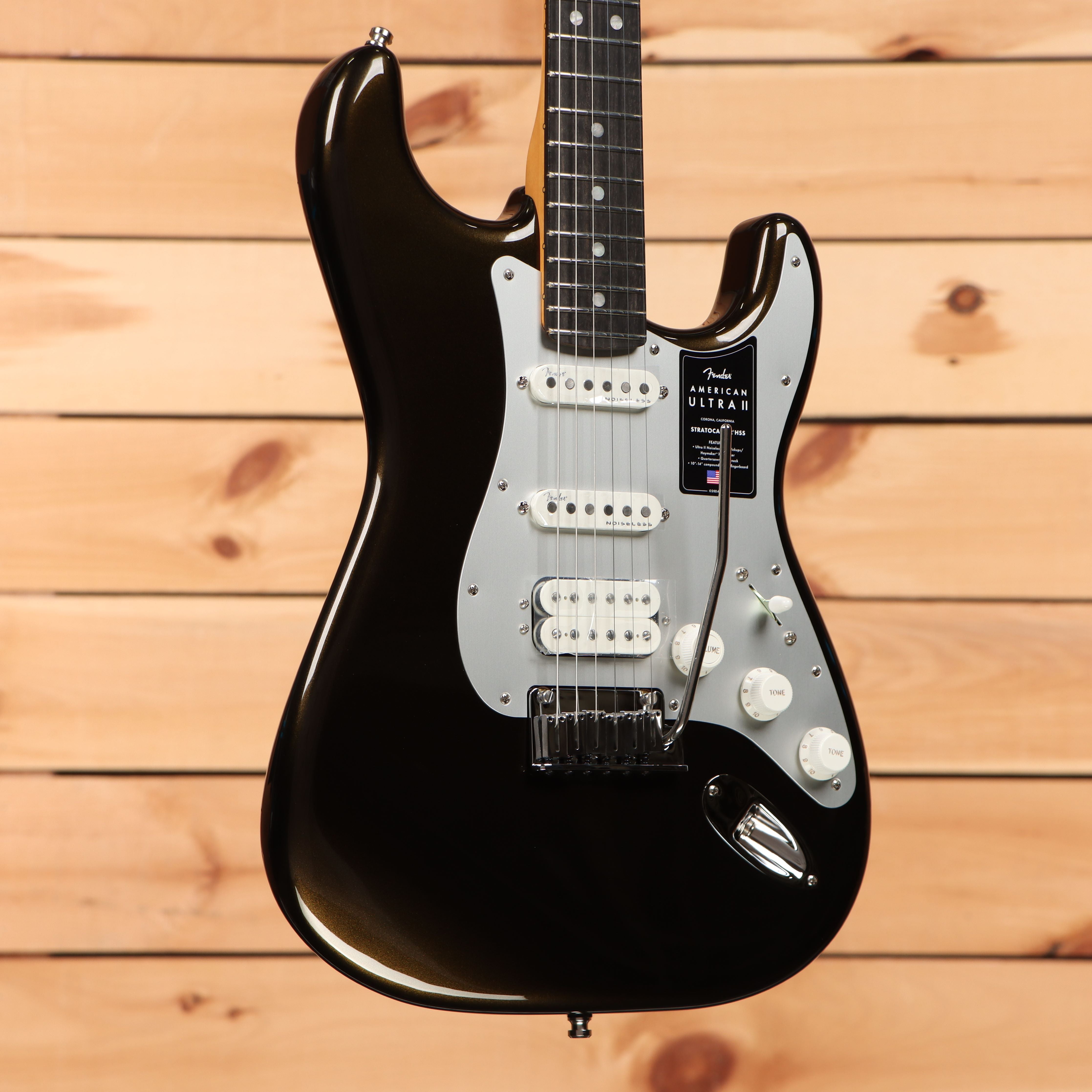 Fender American Ultra II Stratocaster HSS electric guitar Texas Tea with three-ply white pickguard and chrome hardware