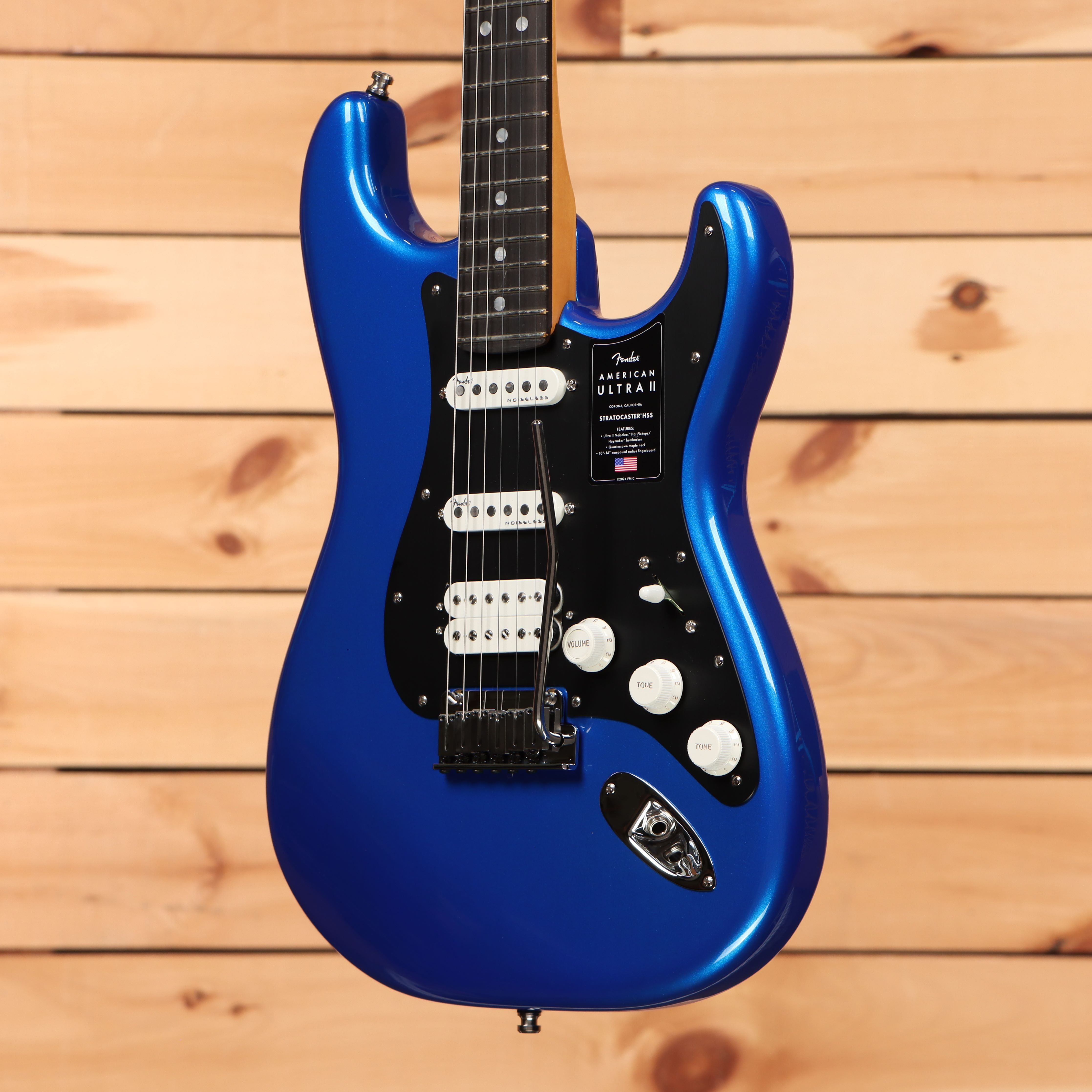 Fender American Ultra Stratocaster HSS electric guitar Noble Blue with three-ply black pickguard